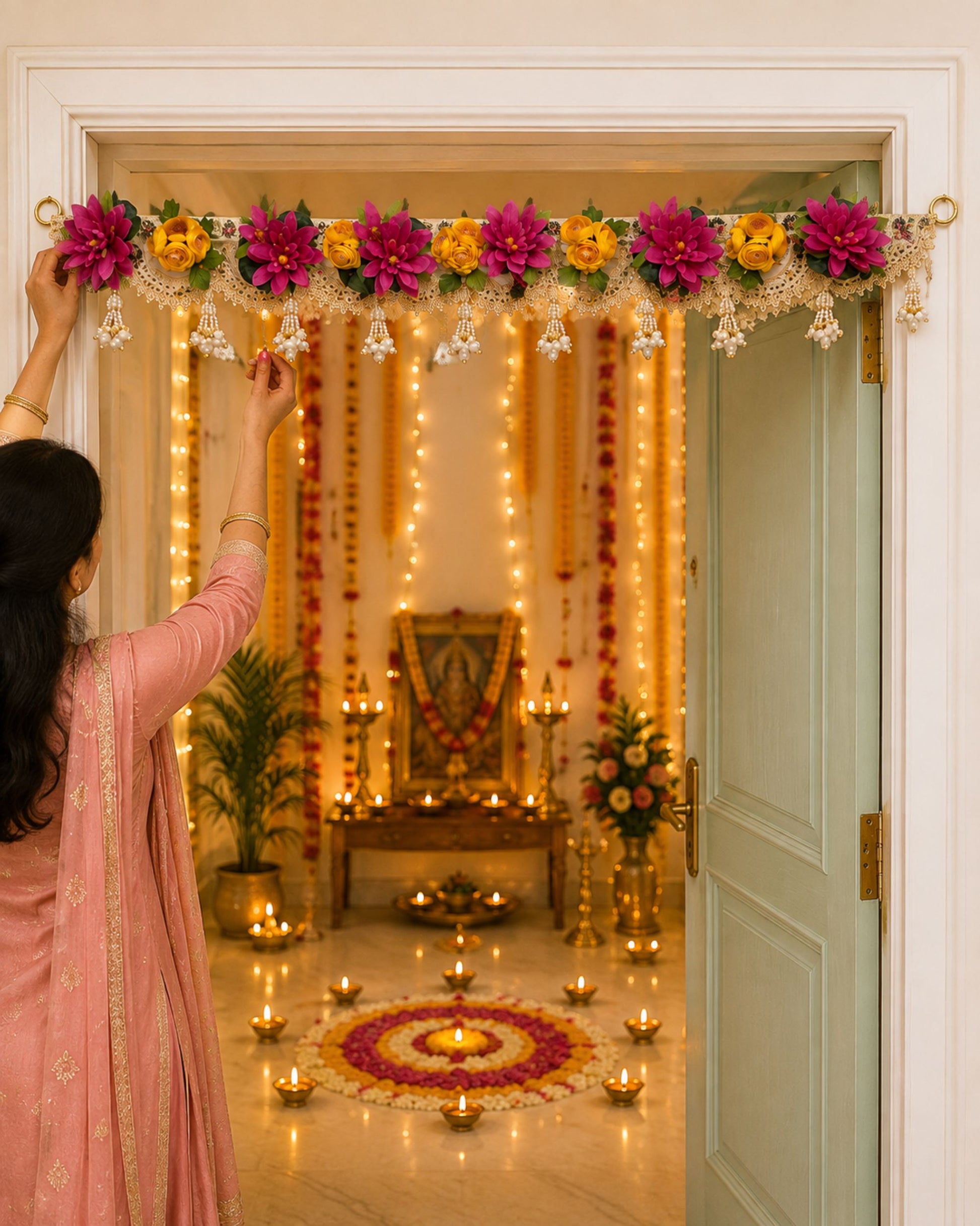 Floral decorative toran door hanging with magenta and yellow flowers and dangling pearl beads