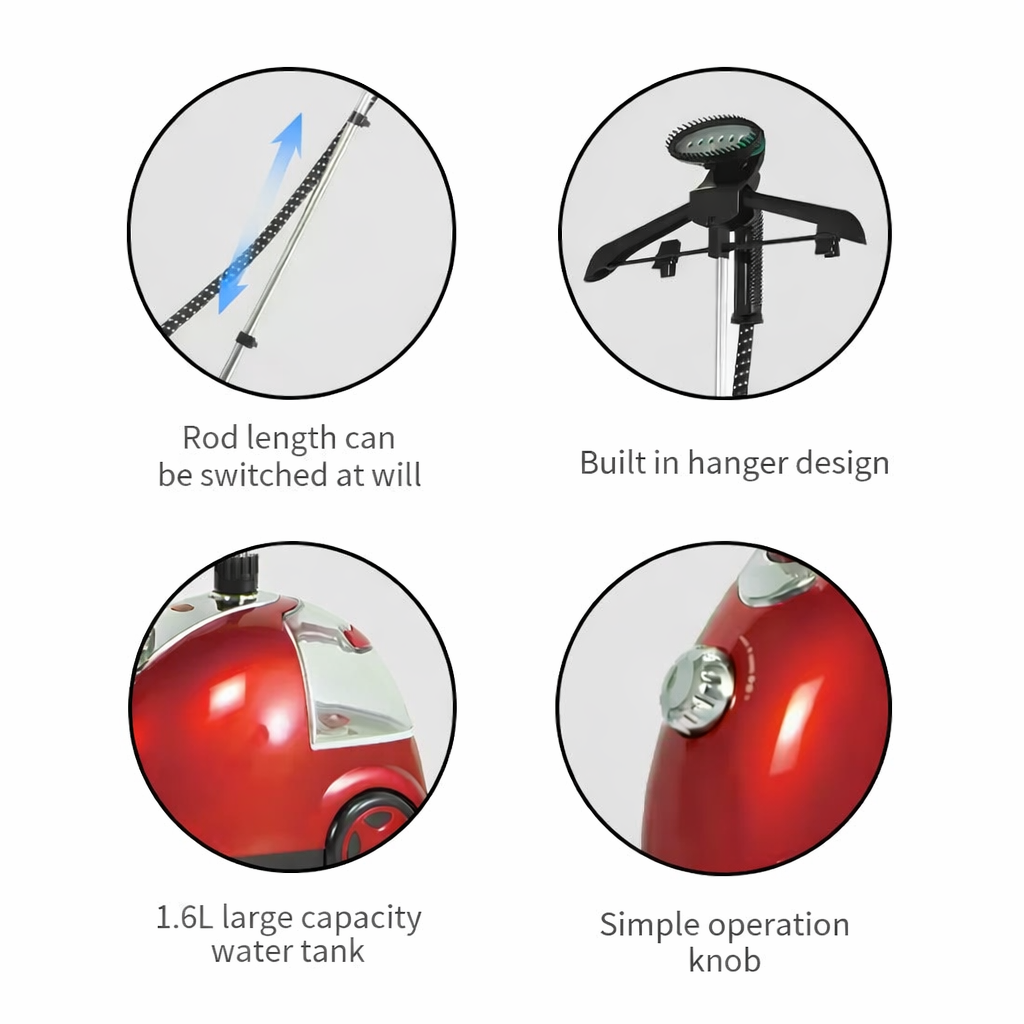 Premsons® SK-4002 Clothes Garment Steamer Red | 2000W High-Power Steam, Adjustable Rod, Built-In Hanger, Safe for All Fabrics