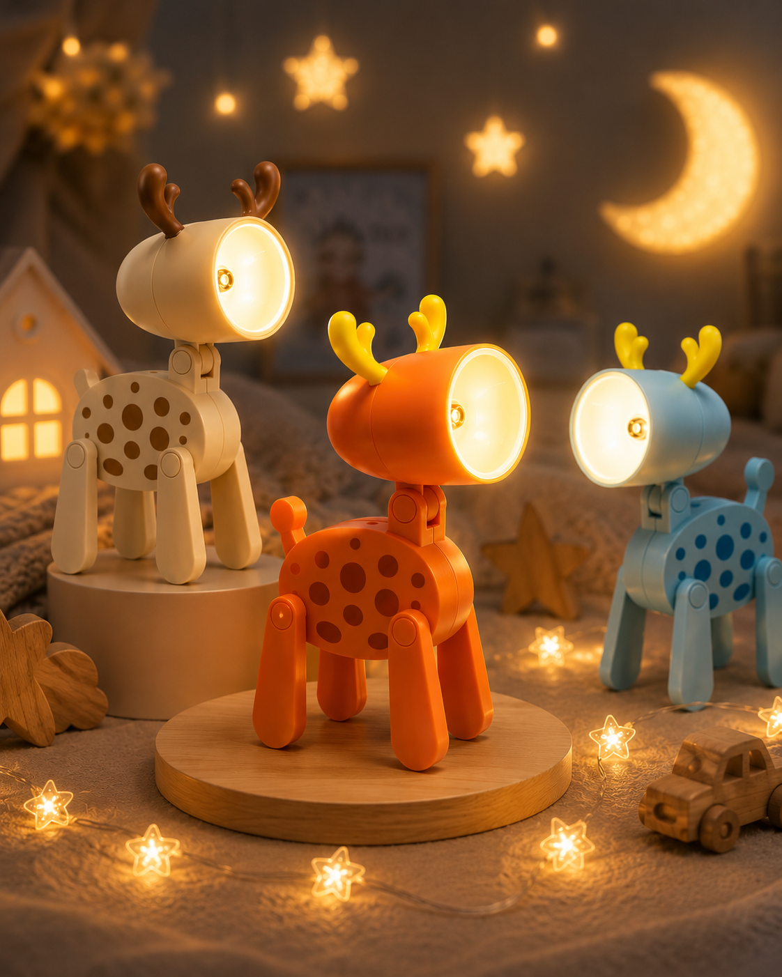 Premsons® deer LED night lights set in orange, blue, and beige with warm glow