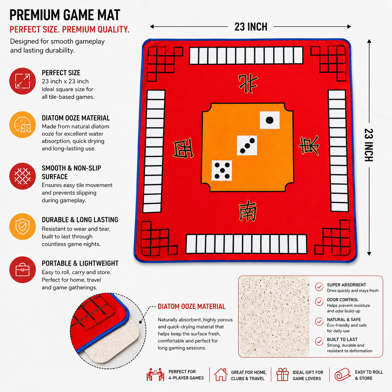 Premsons® Mahjong Mat – Premium Diatom Ooze Quick-Dry Board Game Table Mat, Non-Slip & Soundproof Mahjong Table Cover (Red)