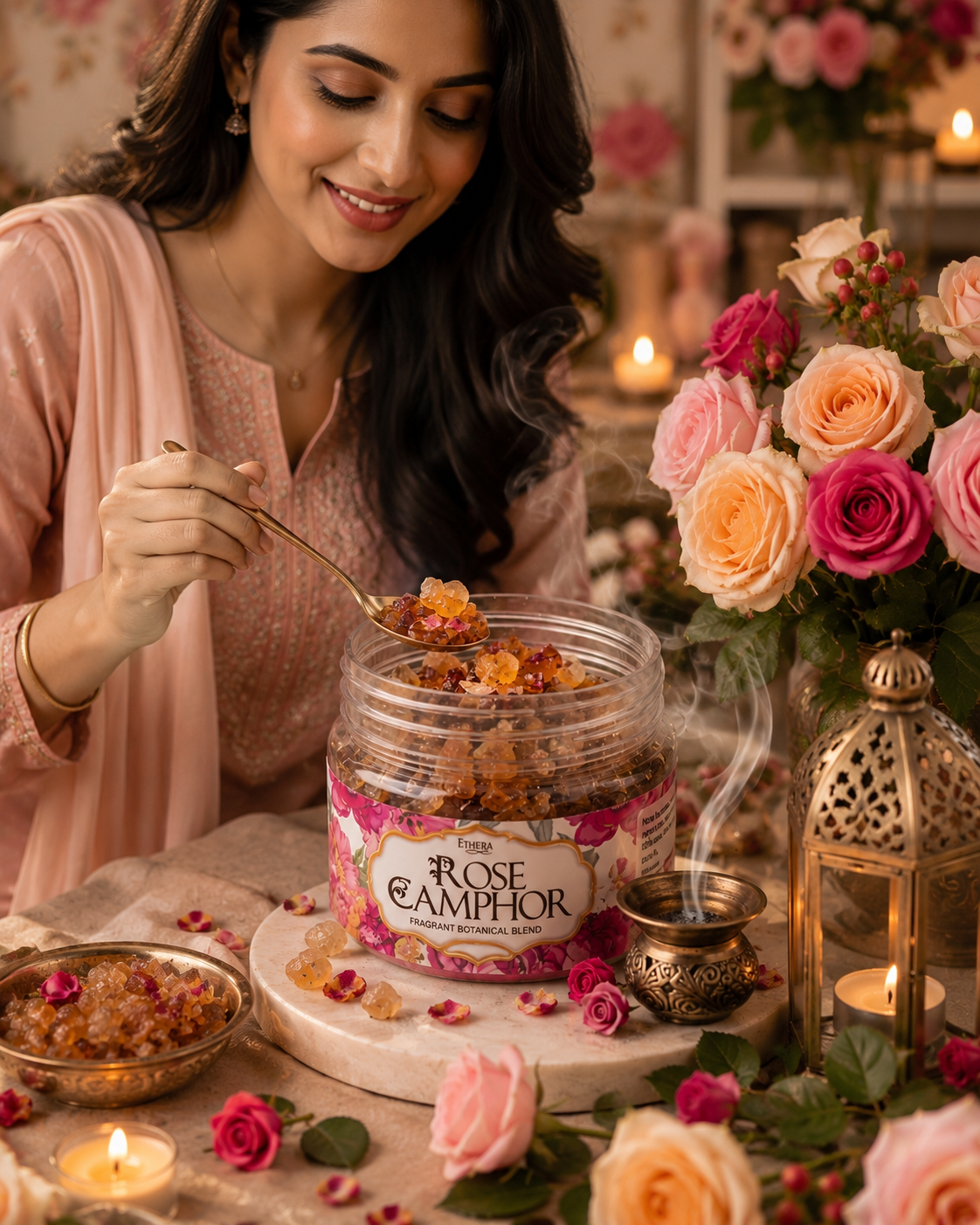 Rose camphor fragrance jar filled with crystals, used with candles and roses