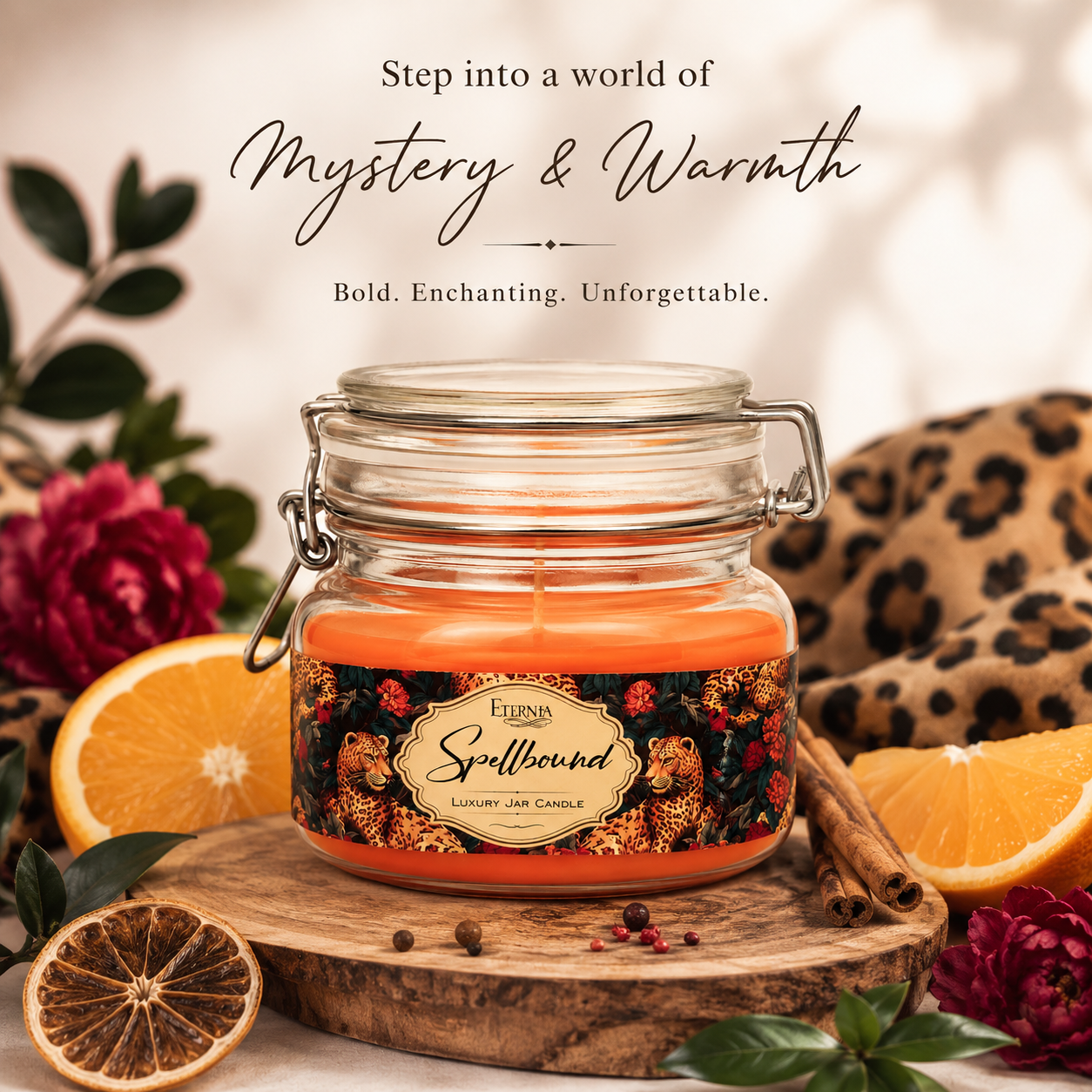 Lit jar candle with orange wax in clear glass, metal clamp closure, patterned label