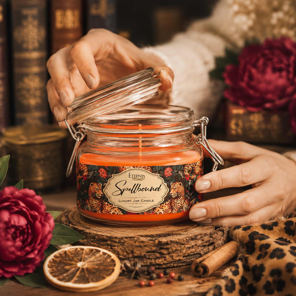 Jar candle with orange wax in clear glass, metal clamp lid, floral label