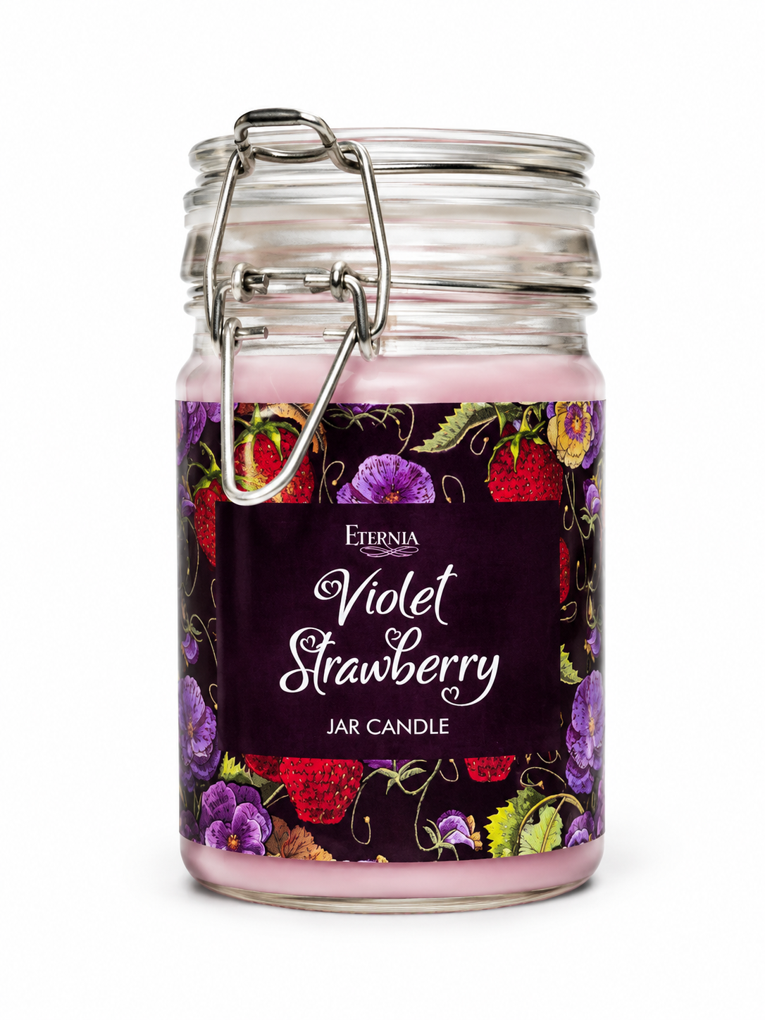 Glass jar candle with clip lid, dark label with violet and strawberry floral design