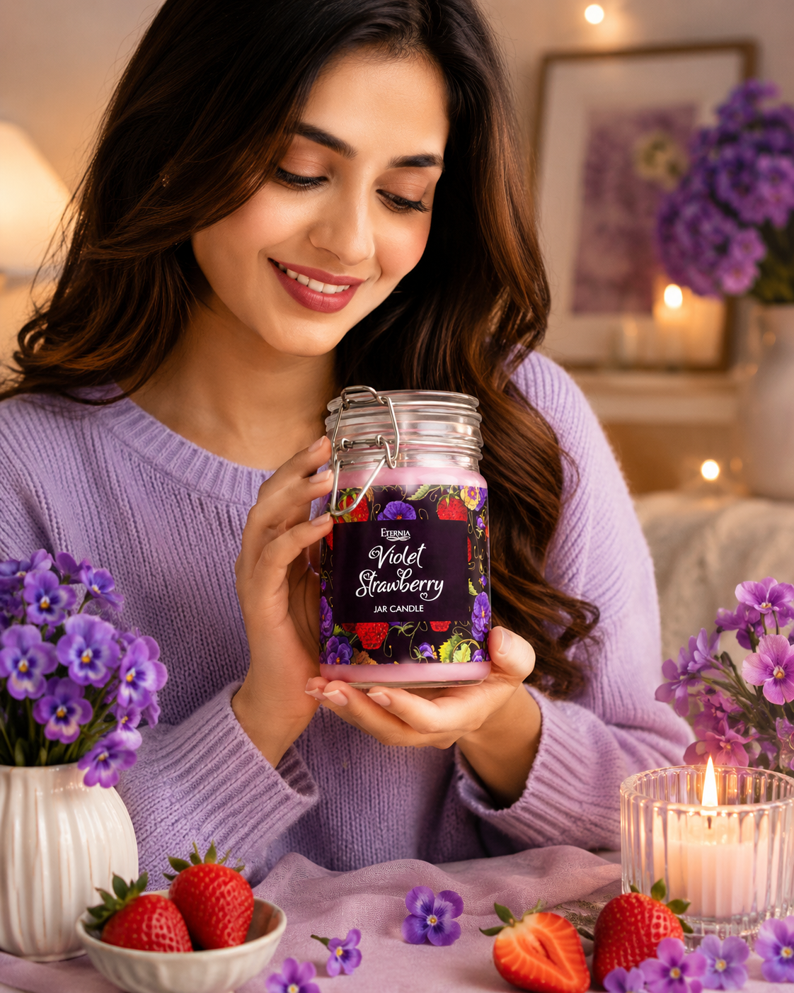 Glass jar candle in hand with clip lid, violet strawberry floral label