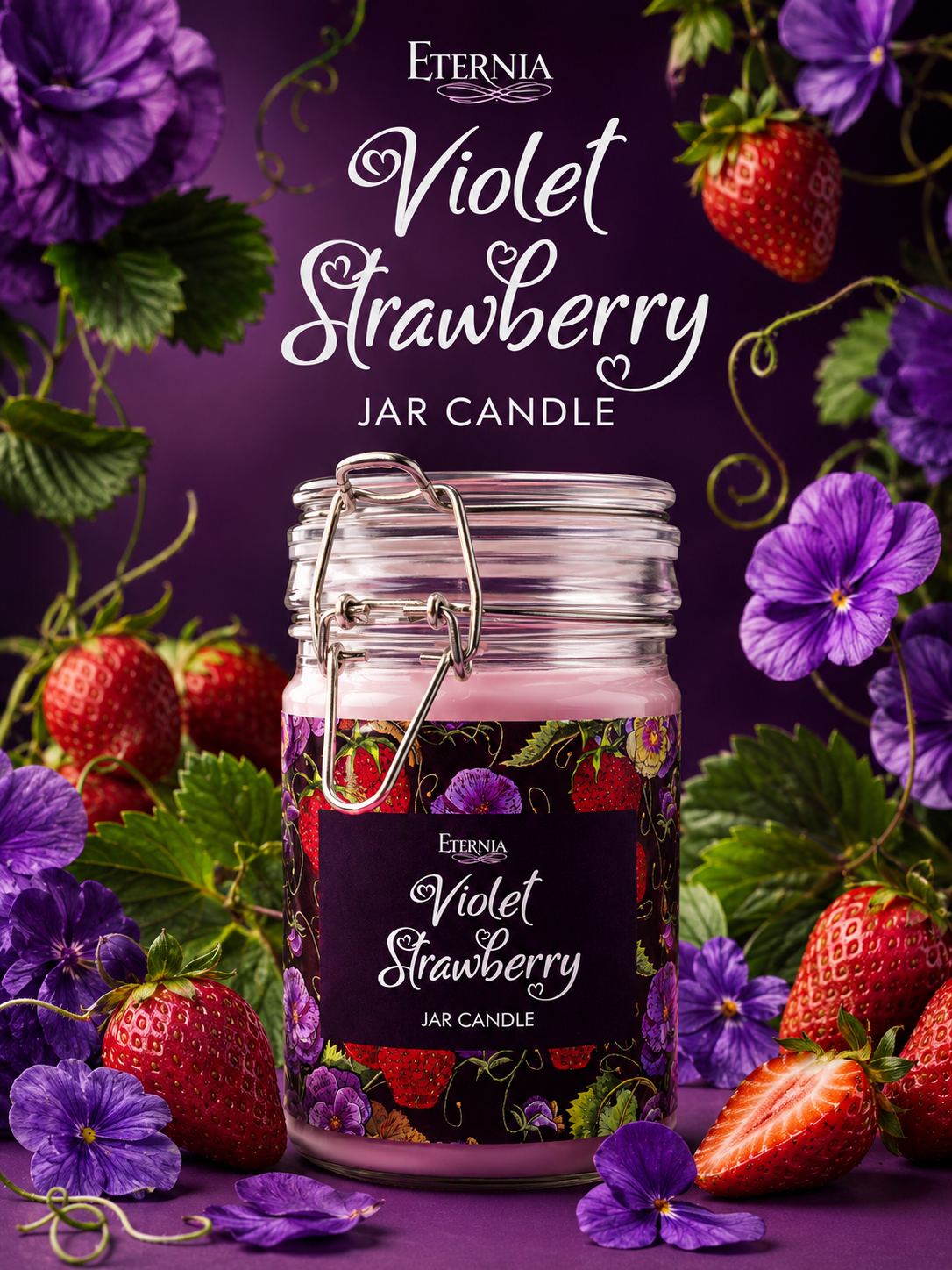 Front view jar candle with clip lid, violet strawberry label on clear glass jar