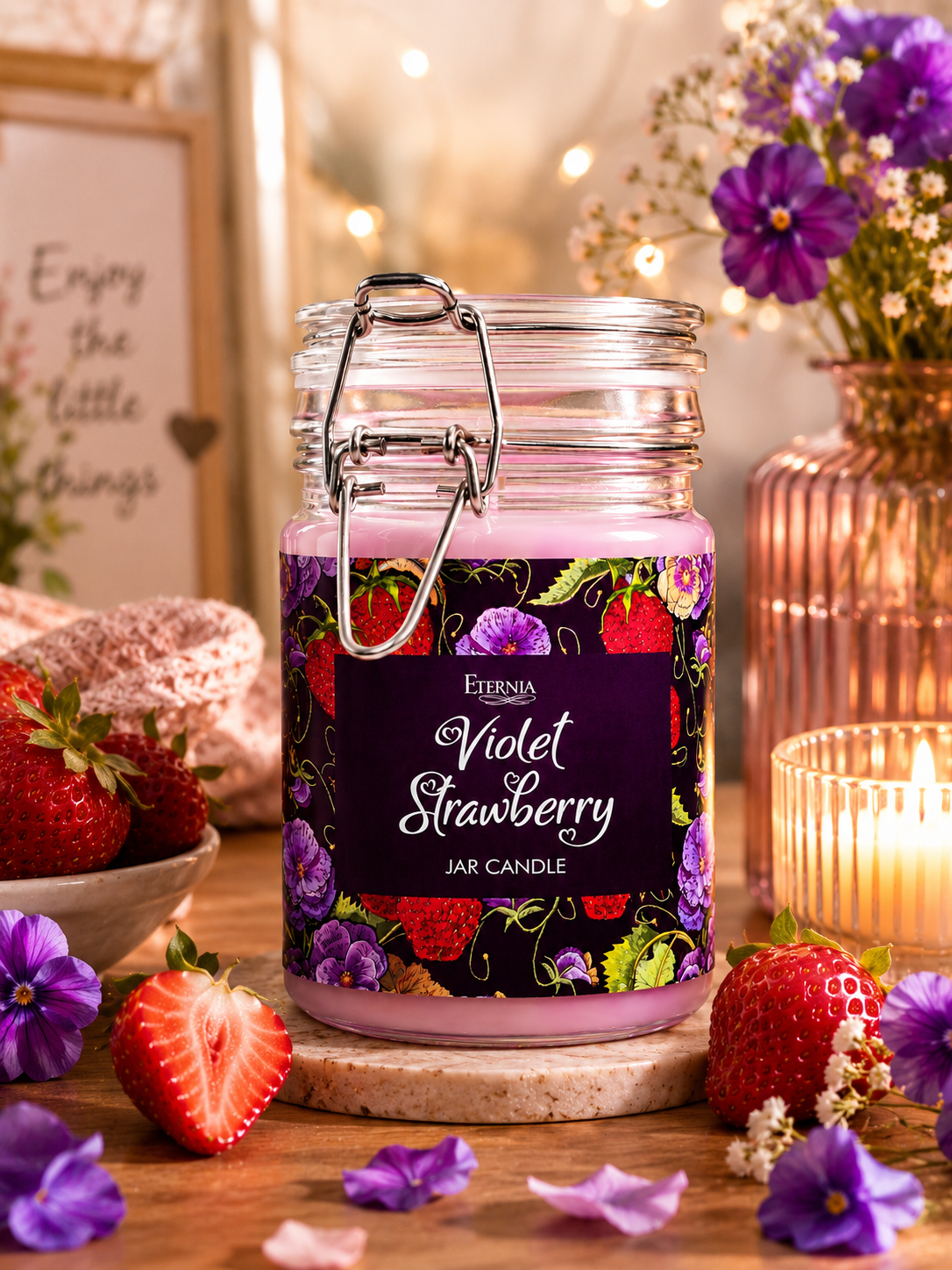 Jar candle with clip lid, dark violet strawberry label on clear glass jar