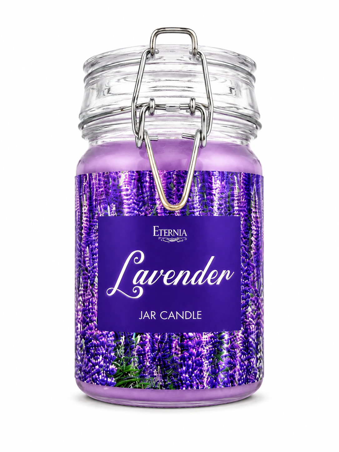 Lavender jar candle in clear glass with purple wax and gold latch handle