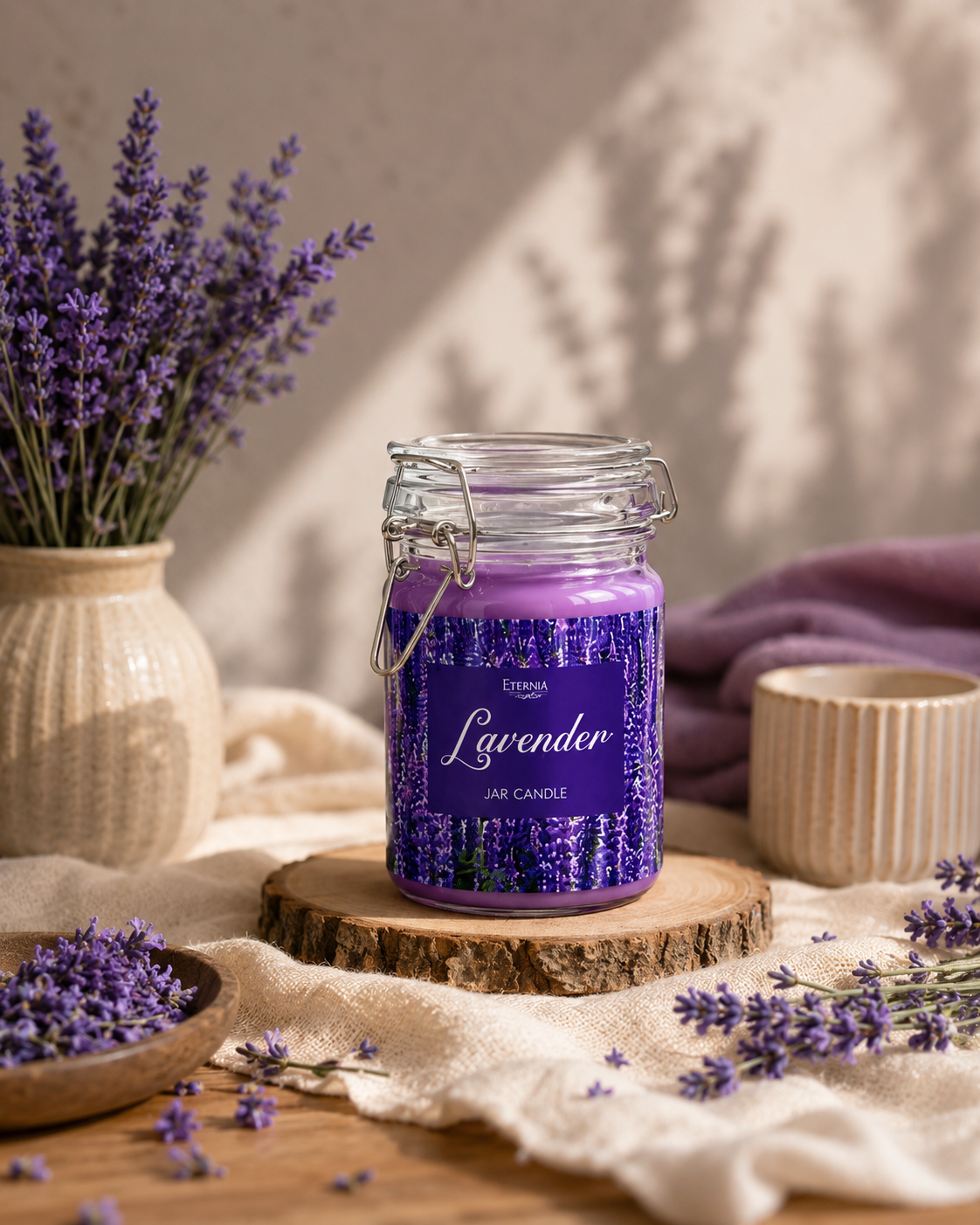 Lavender jar candle in clear glass with purple wax on wood base
