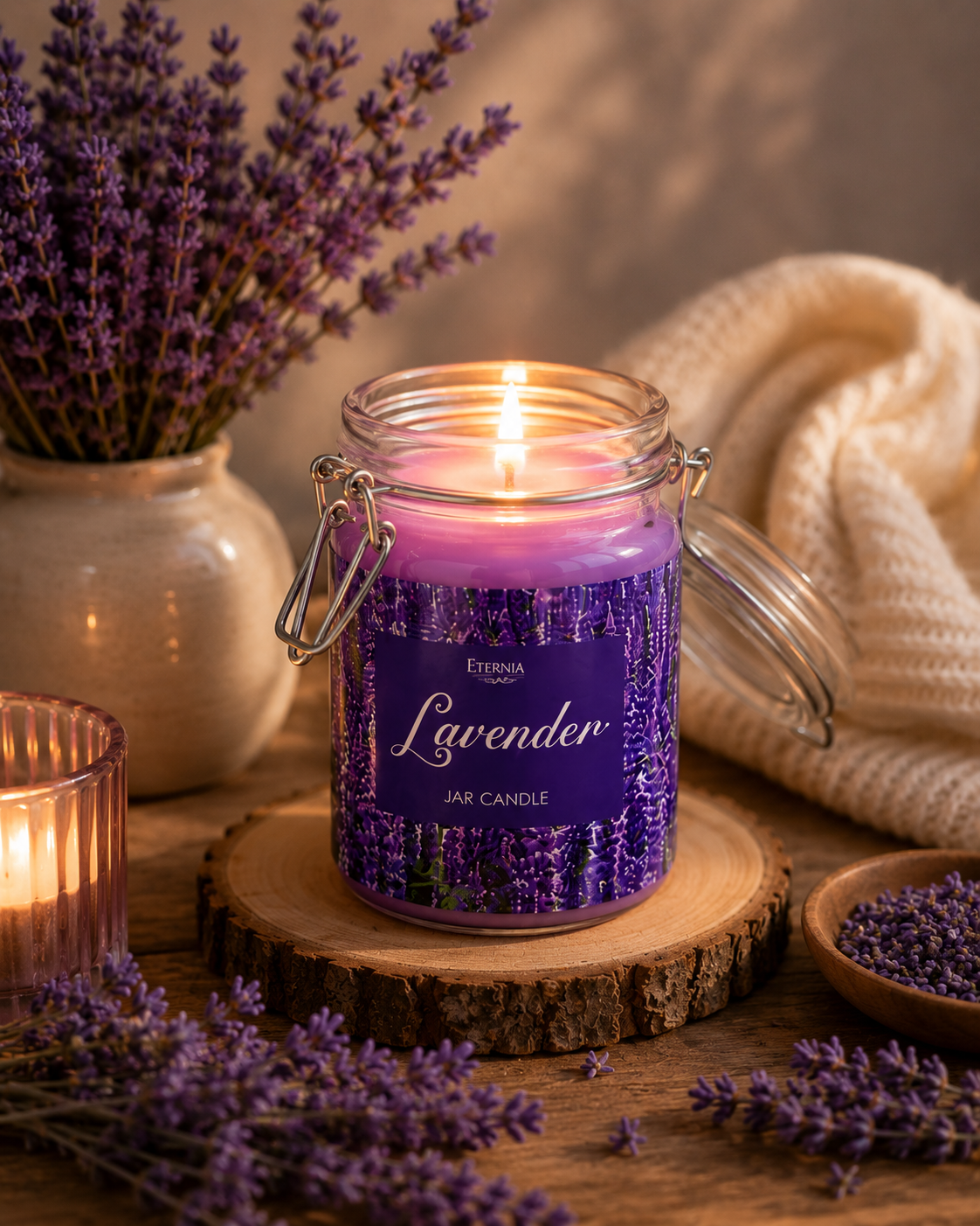 Burning lavender jar candle with purple wax, clear glass lid and metal latch