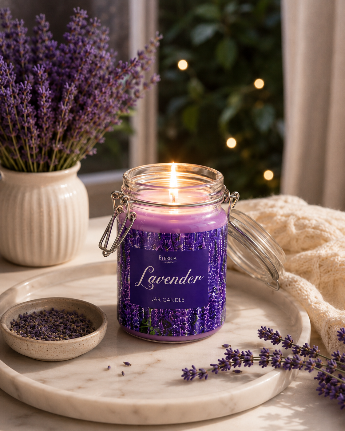 Burning lavender jar candle with purple wax, clear glass lid and metal latch