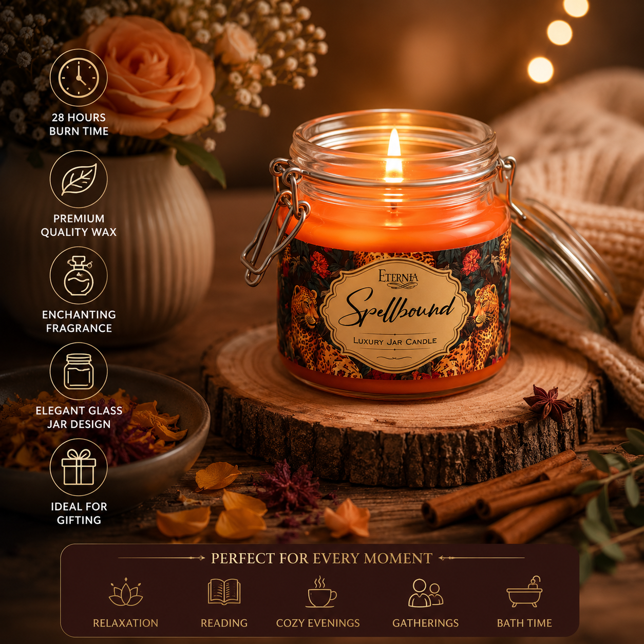 Lit jar candle with orange wax in clear glass, metal clamp design, embossed label