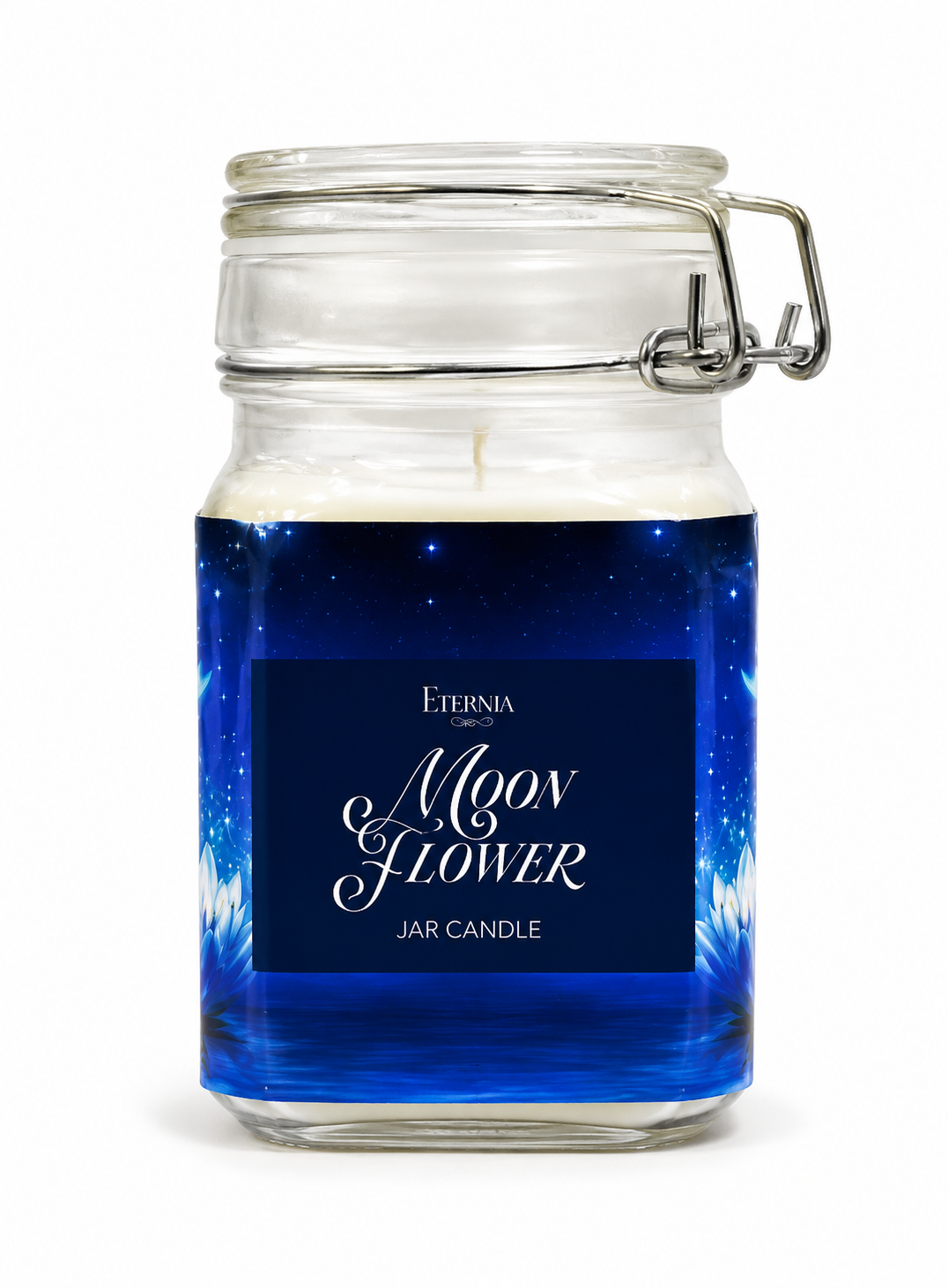 ETERNA jar candle in clear glass with dark blue wax and metal swing-top lid