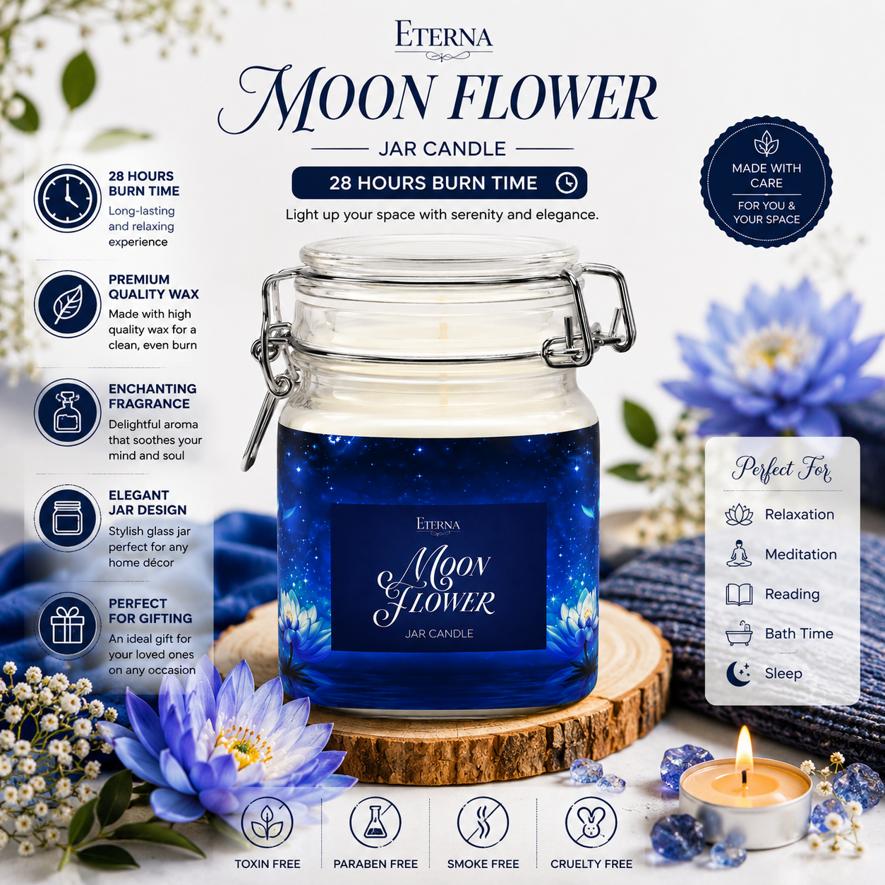 Blue wax jar candle with ETERNA Moon Flower label and metal swing-top lid