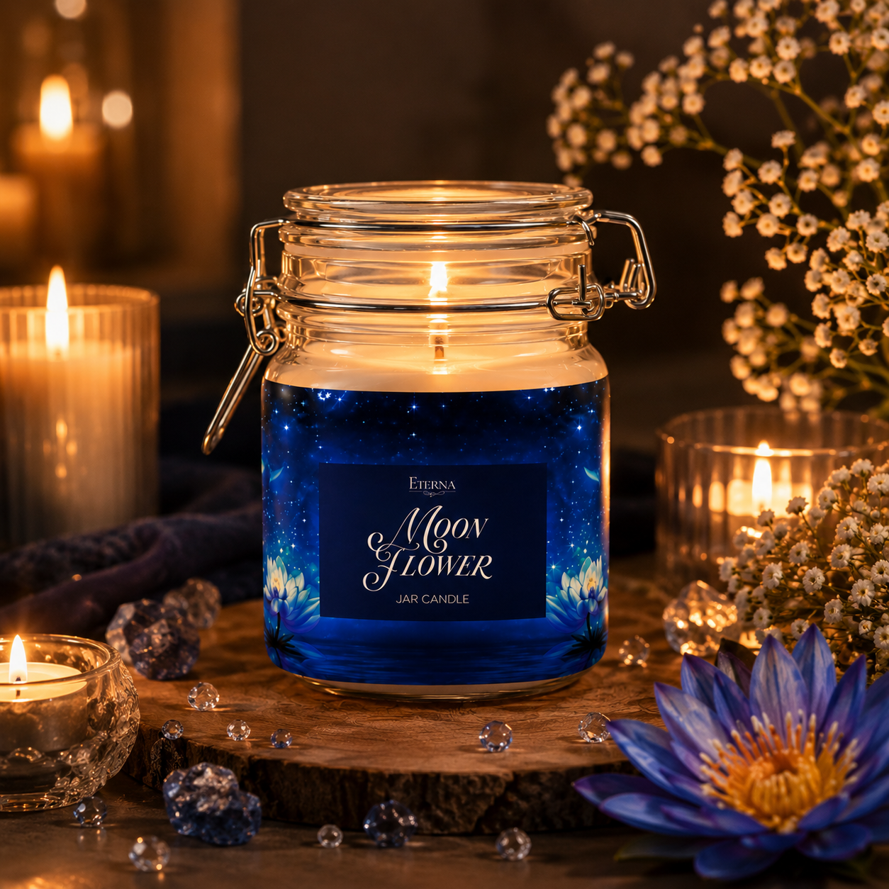 Lit dark blue wax jar candle with ETERNA label and metal swing-top lid