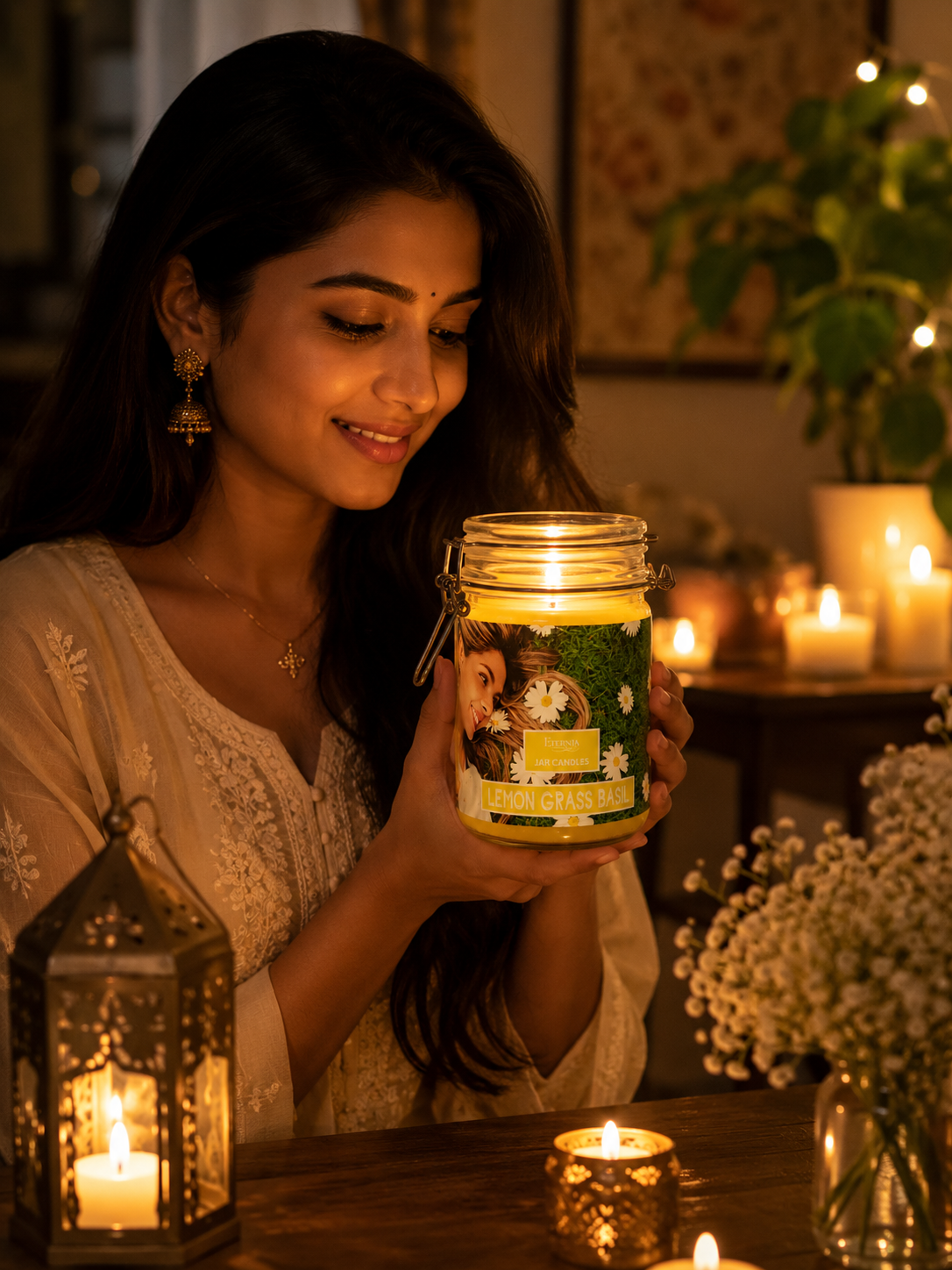Jar candle in clear glass with metal lid held in hands, lit wick