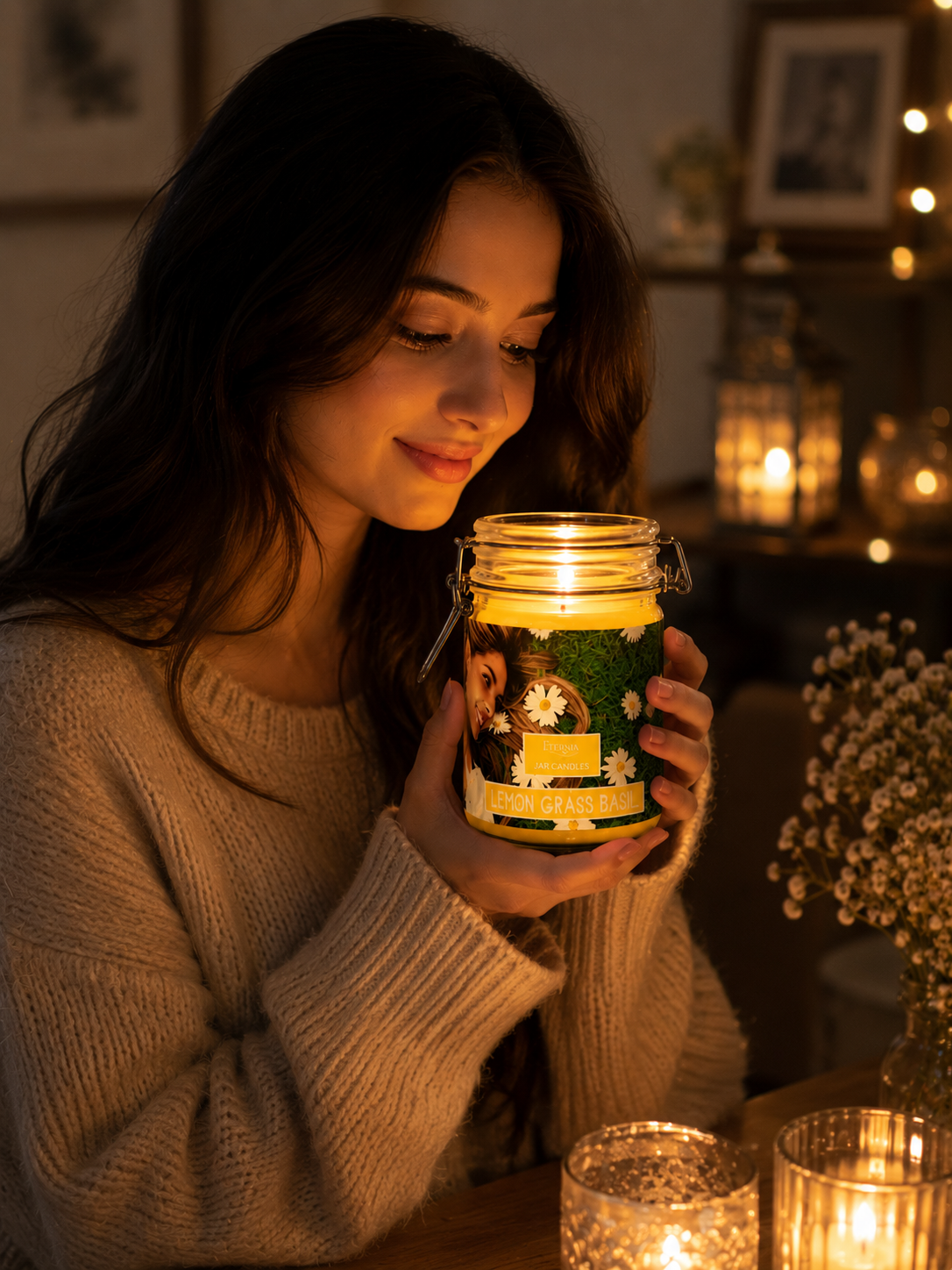 Jar candle in clear glass with metal lid and handle, lit wick