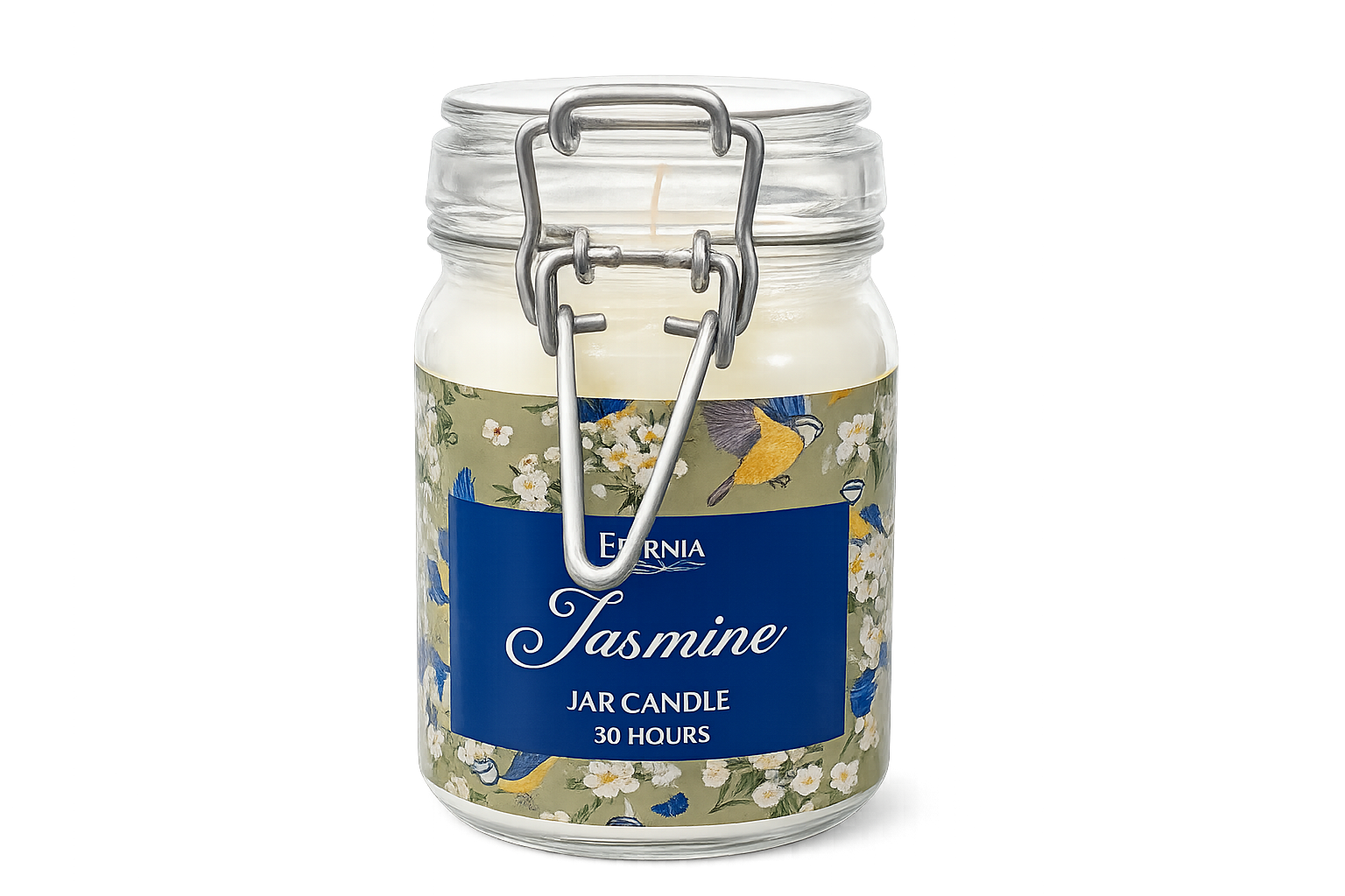 Jasmine jar candle in clear glass jar with metal clasp lid and blue floral bird label