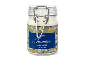 Jasmine jar candle in clear glass jar with metal clasp lid and blue floral bird label