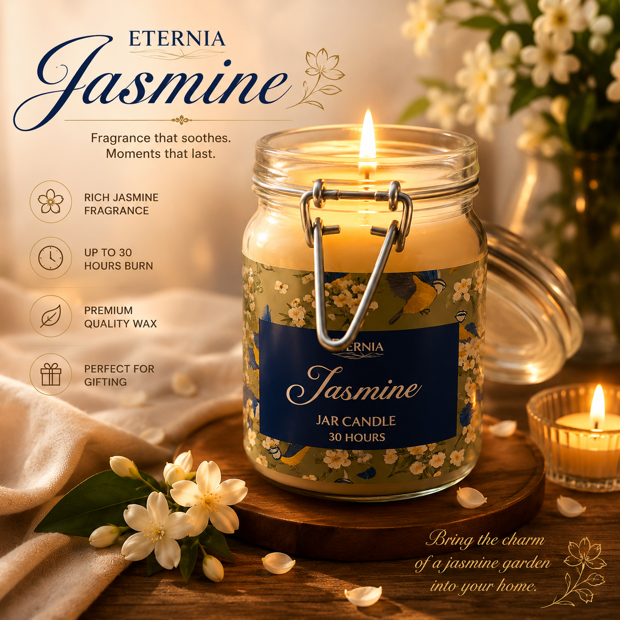 Jasmine jar candle in clear glass with metal clasp lid, blue floral label, flame lit
