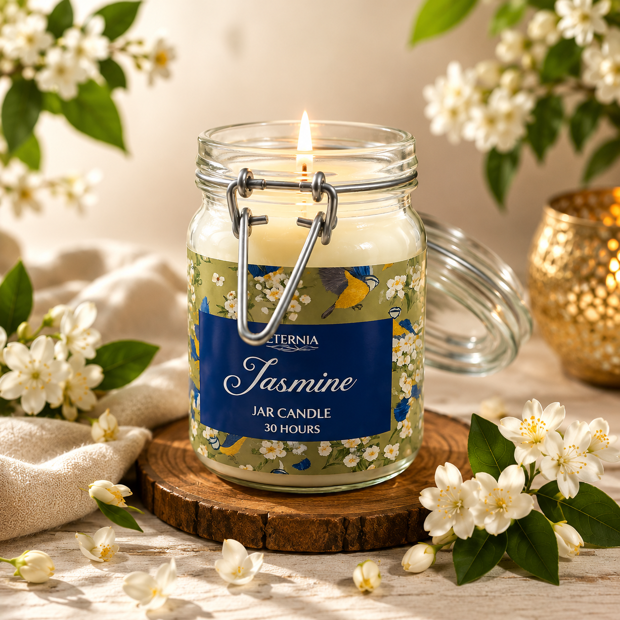 Jasmine jar candle in clear glass with metal clasp lid and blue floral bird label, flame lit