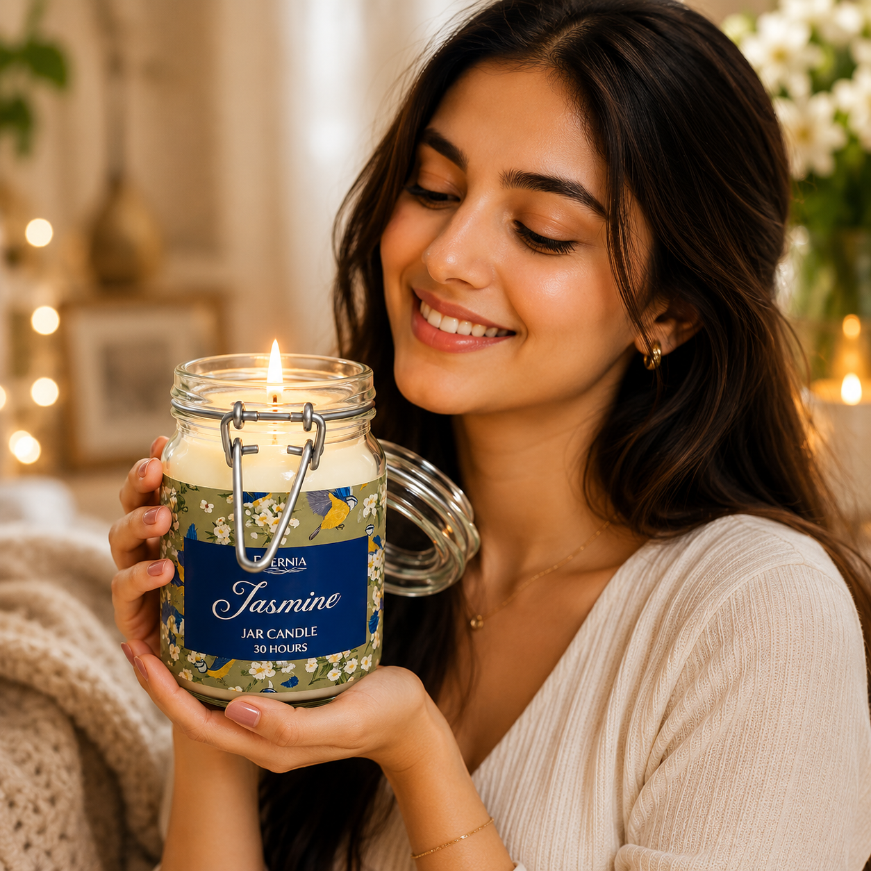 Jasmine jar candle in clear glass jar with metal clasp lid, held in one hand, flame lit