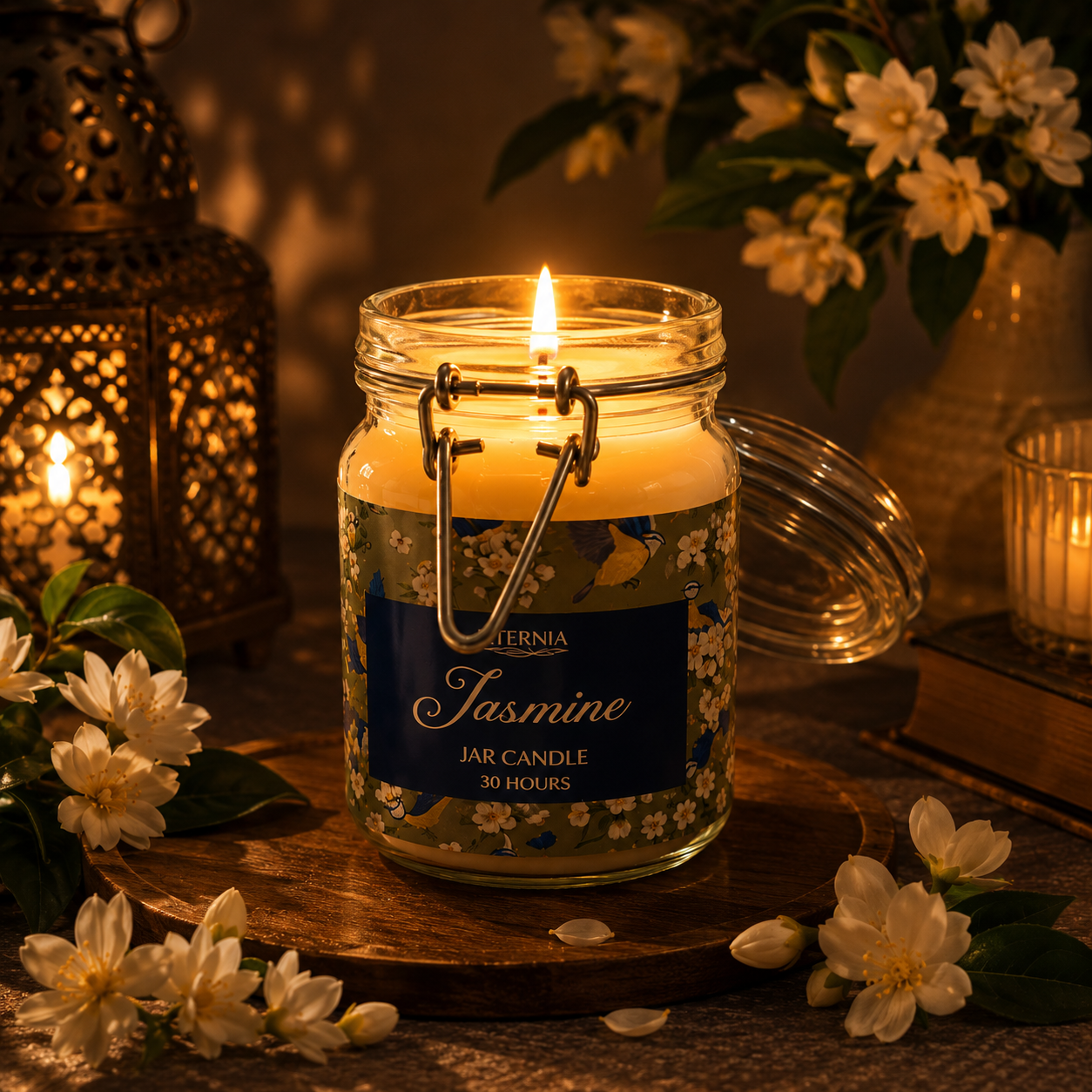 Jasmine jar candle in clear glass jar with metal clasp lid and blue floral bird label, flame lit