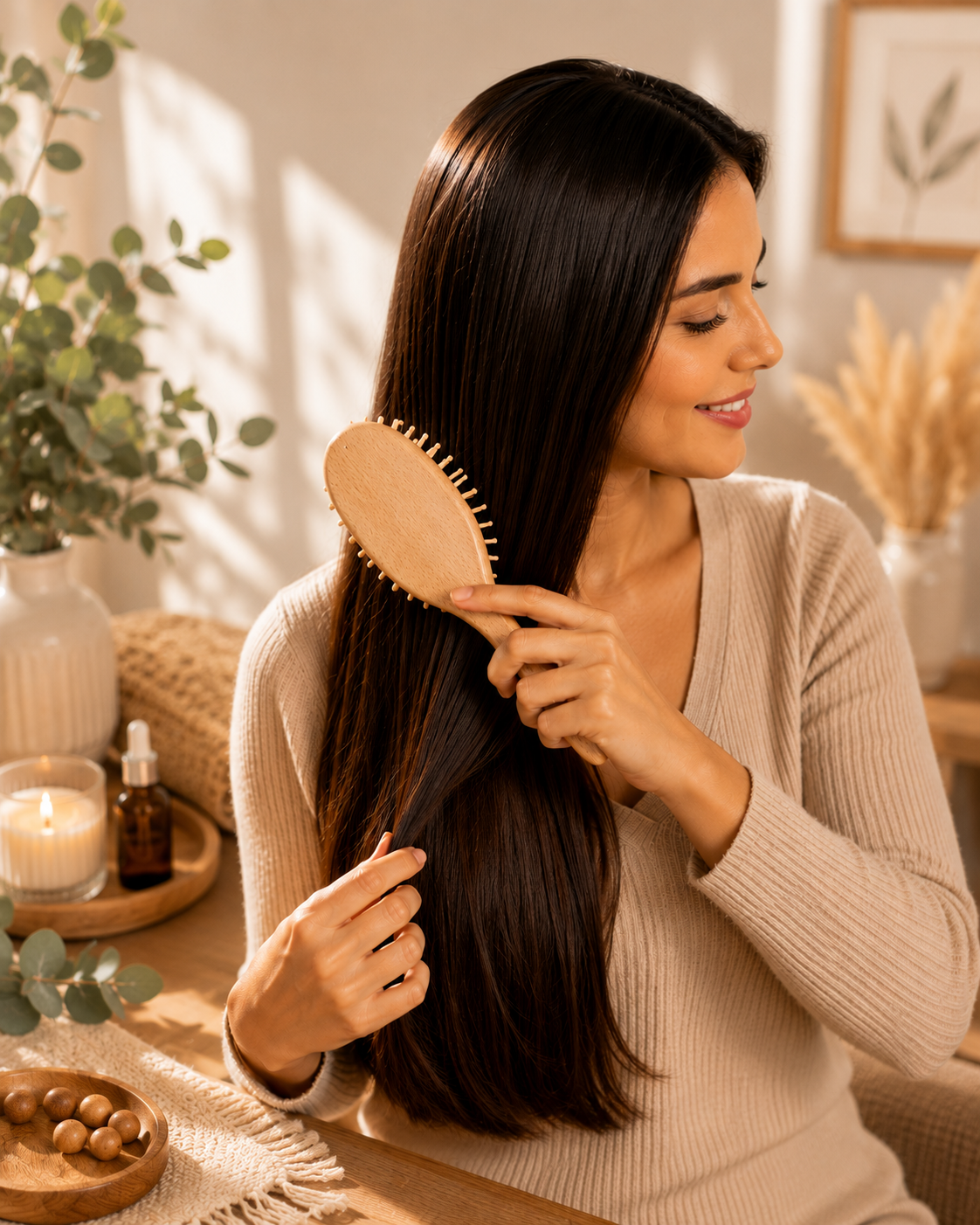 Premsons®Premium Wooden Cushion Hair Brush with Wide Wooden Pins for Gentle Detangling & Scalp Massage