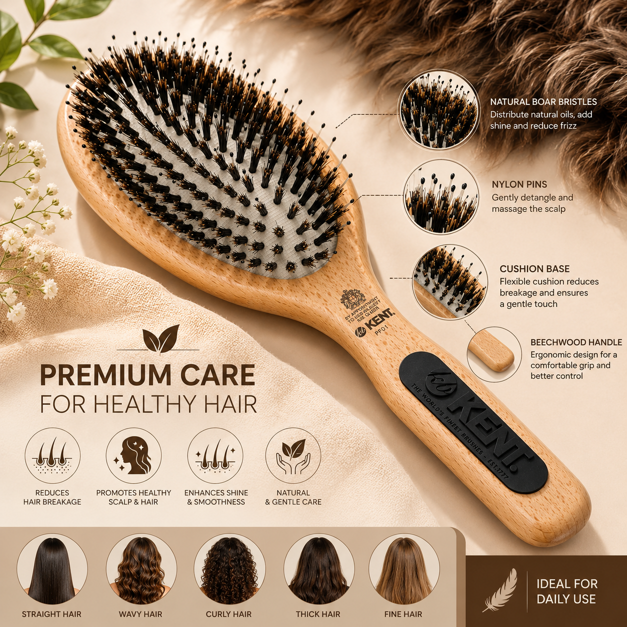 Premsons® Premium Beechwood Cushion Hair Brush with Natural Bristles & Nylon Quills | Gentle Detangling & Scalp Massage for All Hair Types