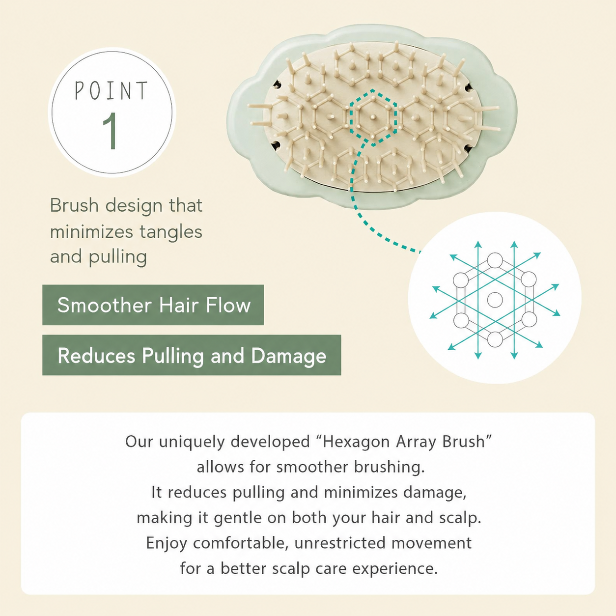 Cloud-shaped hair detangling brush underside with cushion base and flexible bristle grid