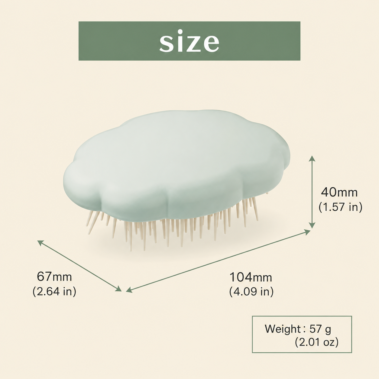 Cloud-shaped hair brush size view with soft cushion and upright fine bristles