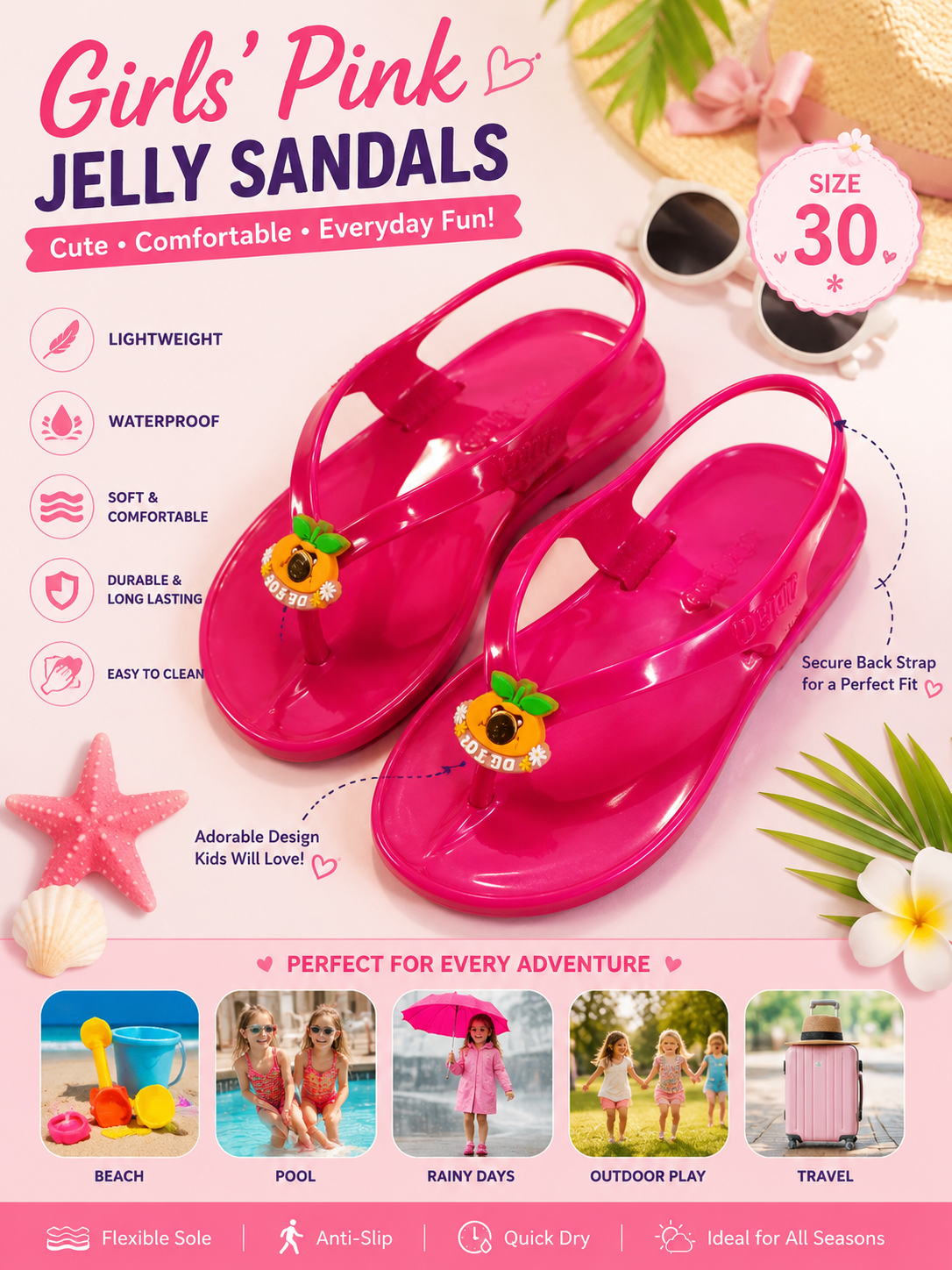 Pink jelly sandals with back strap and decorative charms, pair shown.