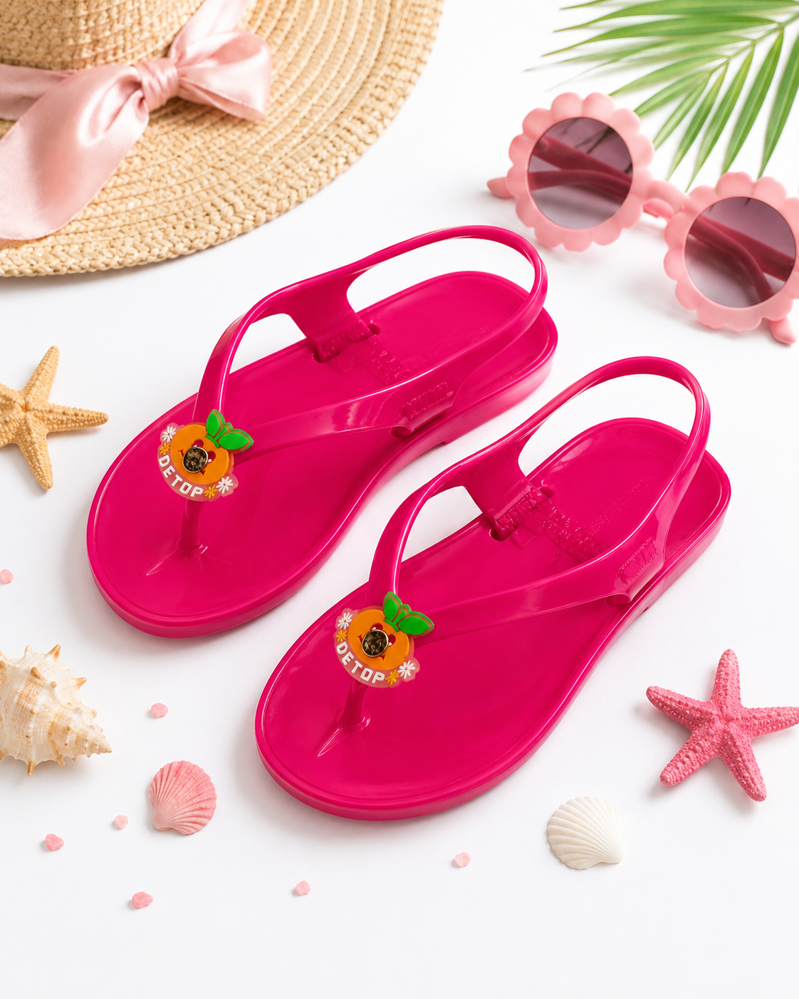 Pink jelly flip-flops with back strap and decorative charms, pair on display.