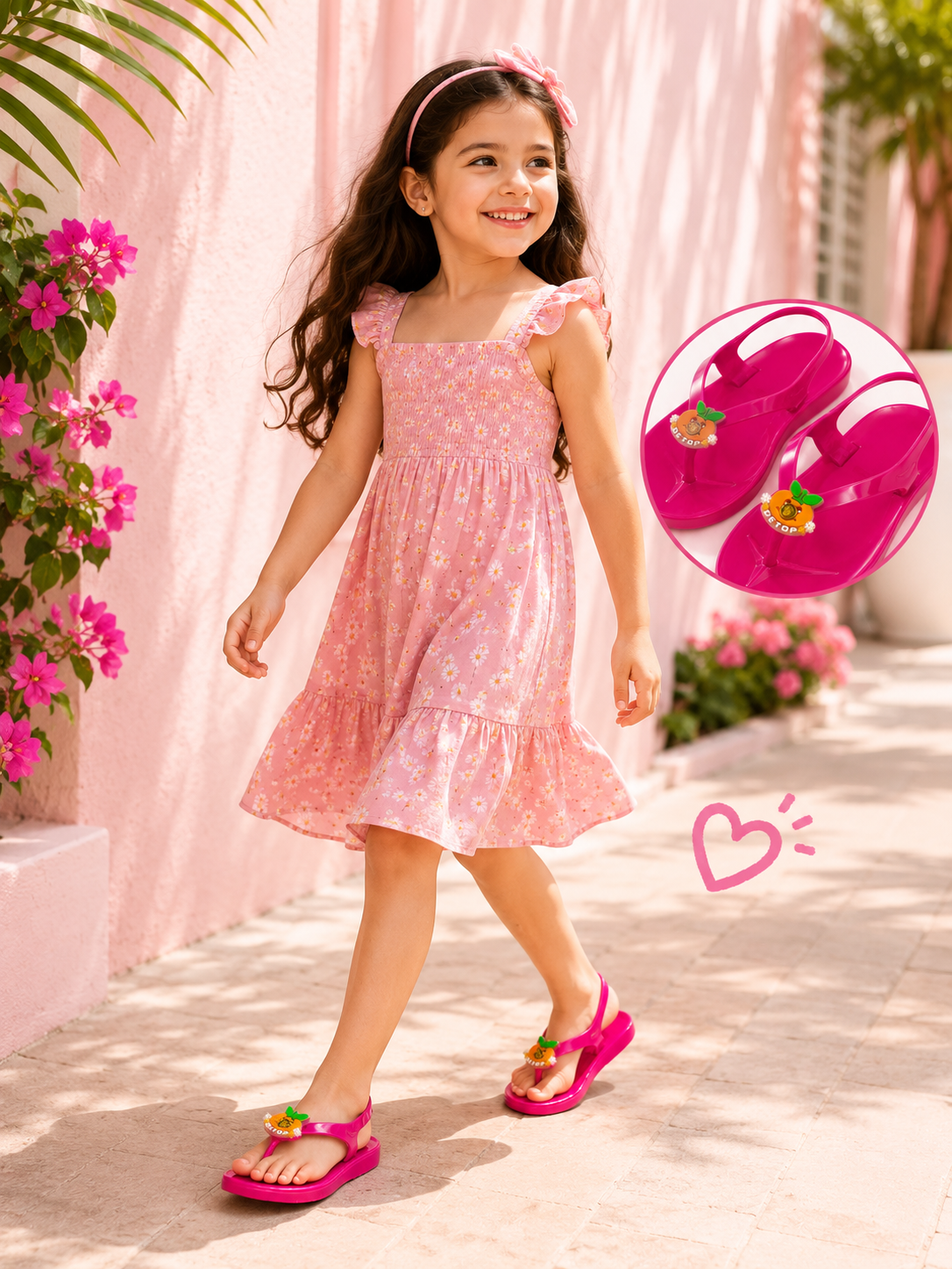 Pink jelly sandals with back strap and side charms, worn by a child.