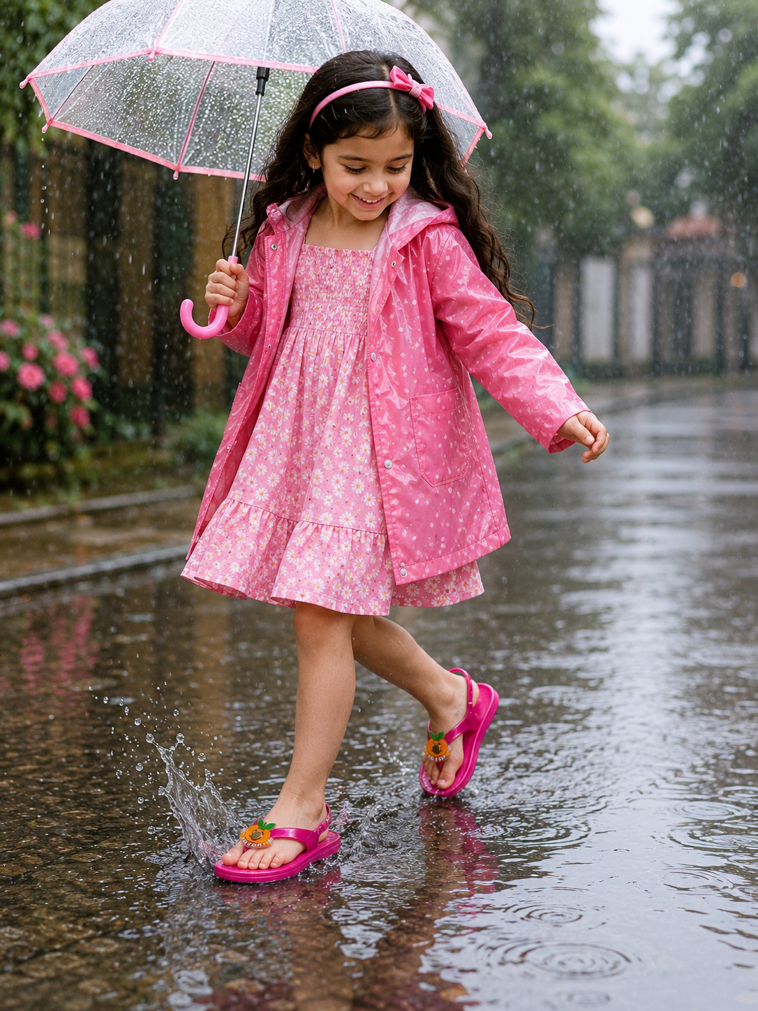 Pink jelly sandals with back strap and decorative charms, worn outdoors in rain.