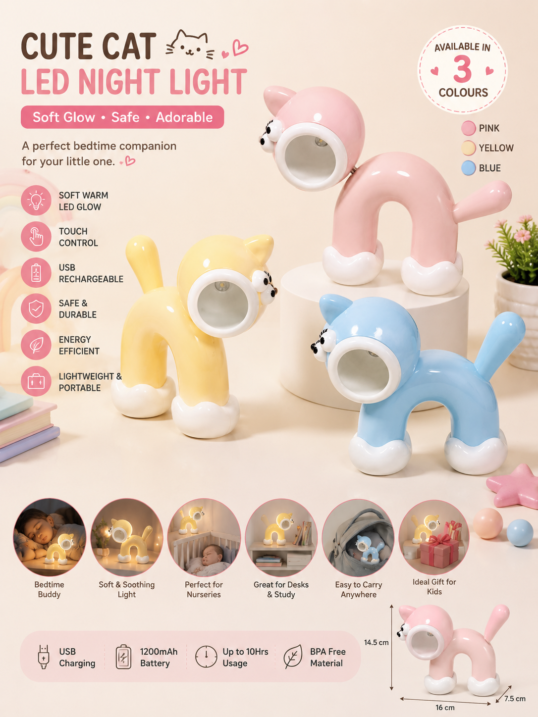 Cute cat LED night light infographic display showing pink cat-shaped lamp with round glow head.