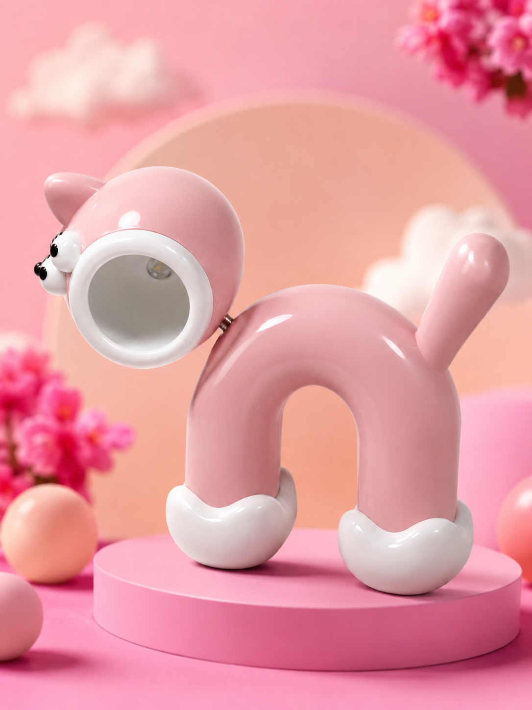 Cute cat LED night light in pink silicone with glowing round lamp head and cat ear detail.