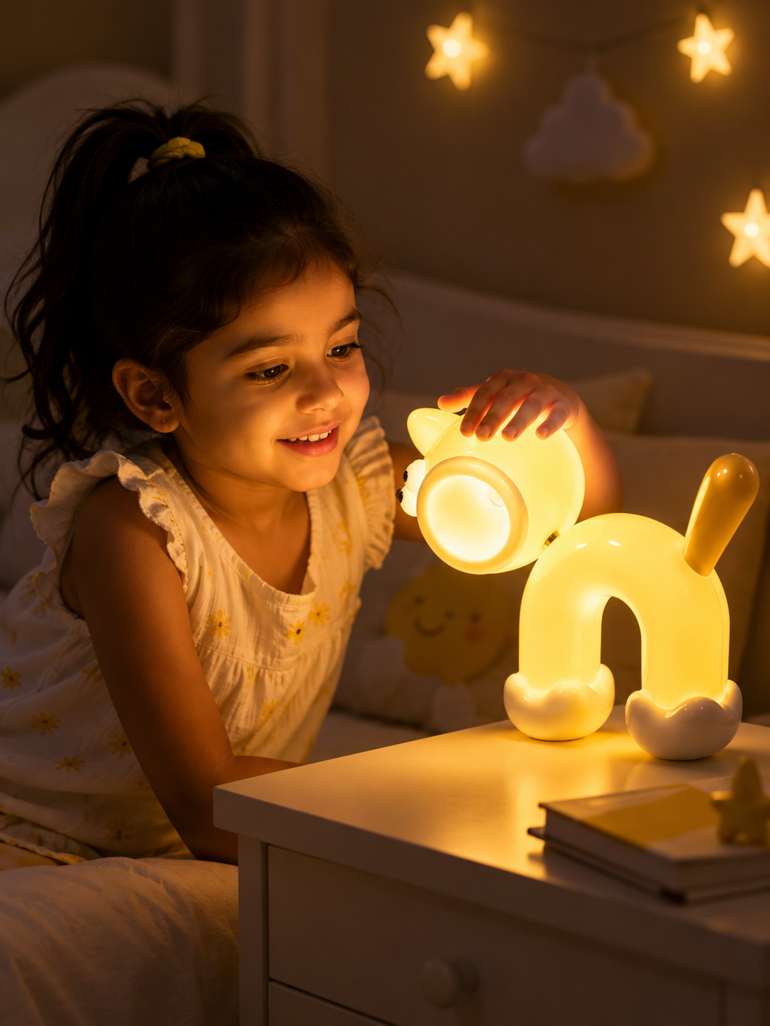 Yellow cute cat LED night light with warm glowing round lamp opening and small whisker detail.