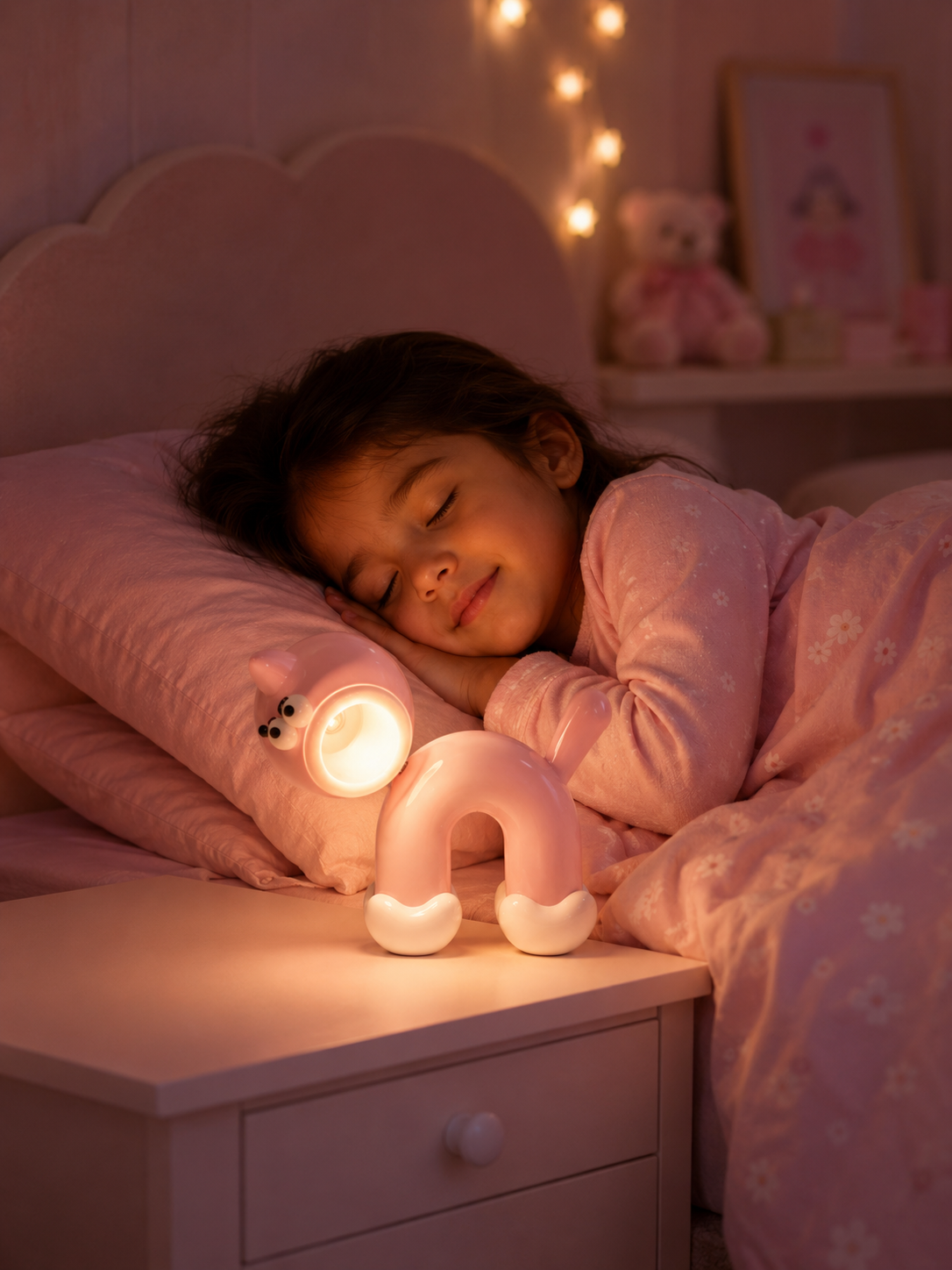 Pink cute cat LED night light with soft glowing round lamp head and curled tail base.