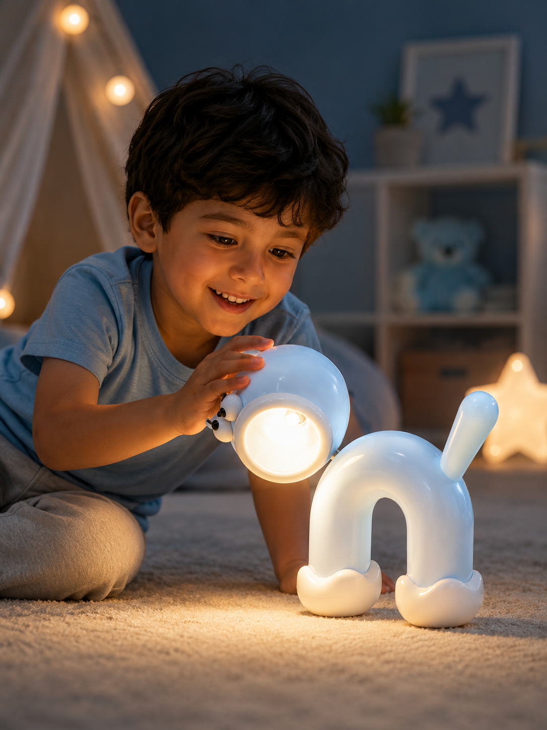 Blue cat-shaped LED night light with warm glow, soft silicone touch lamp