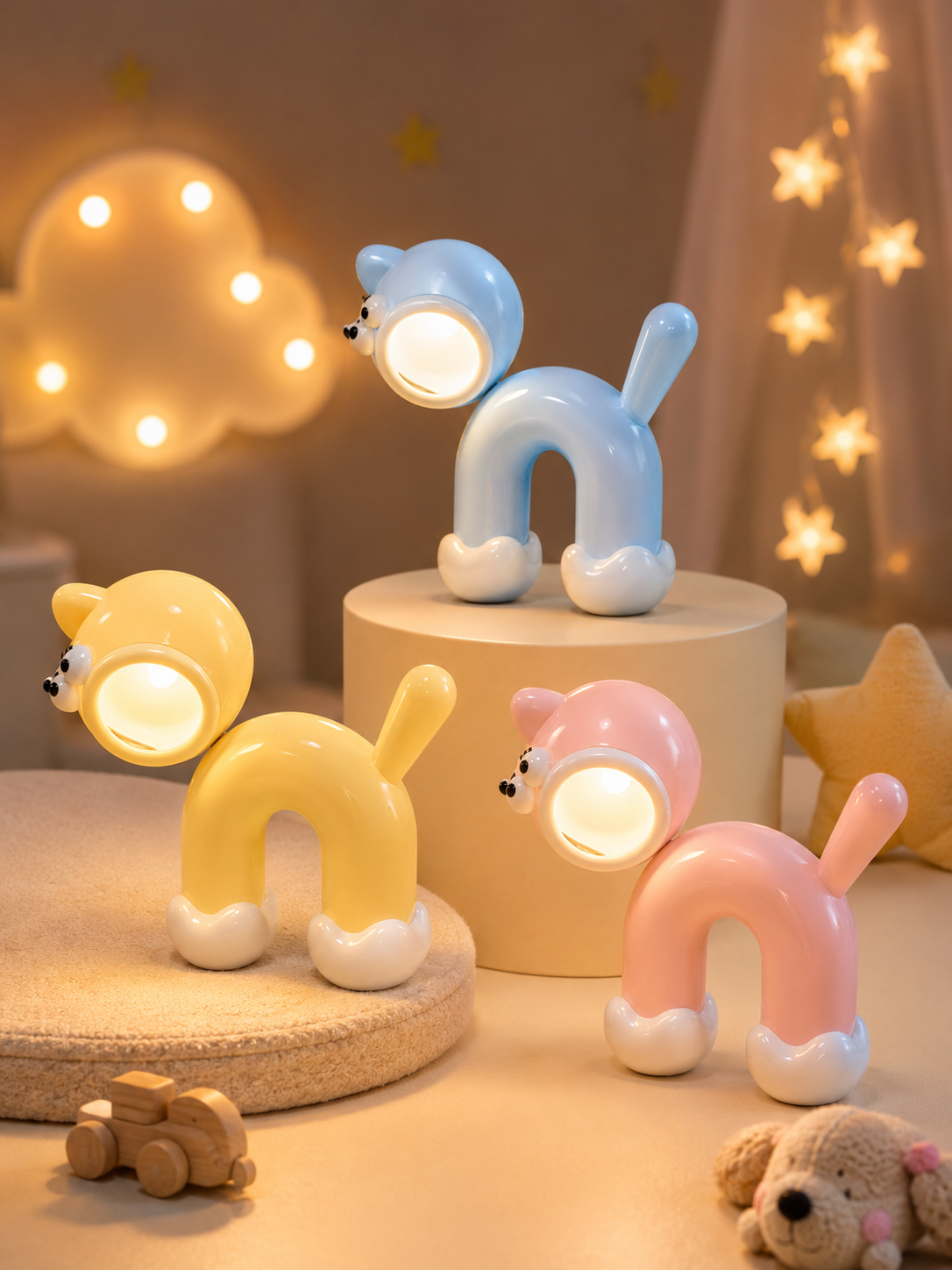 Set of cat-shaped LED night lights in blue, yellow, pink with warm glow