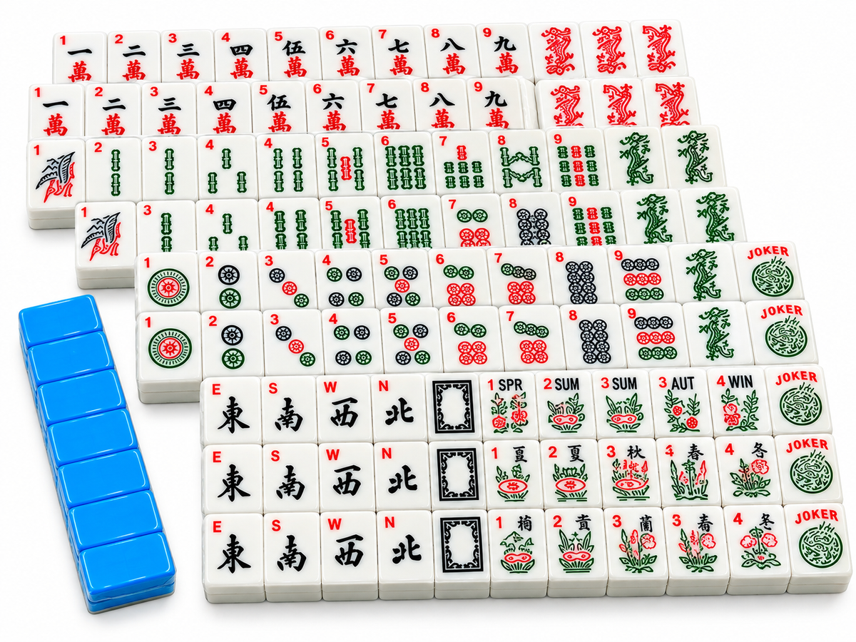 166-piece mahjong tile set with blue backs, dragons and seasonal flower tiles
