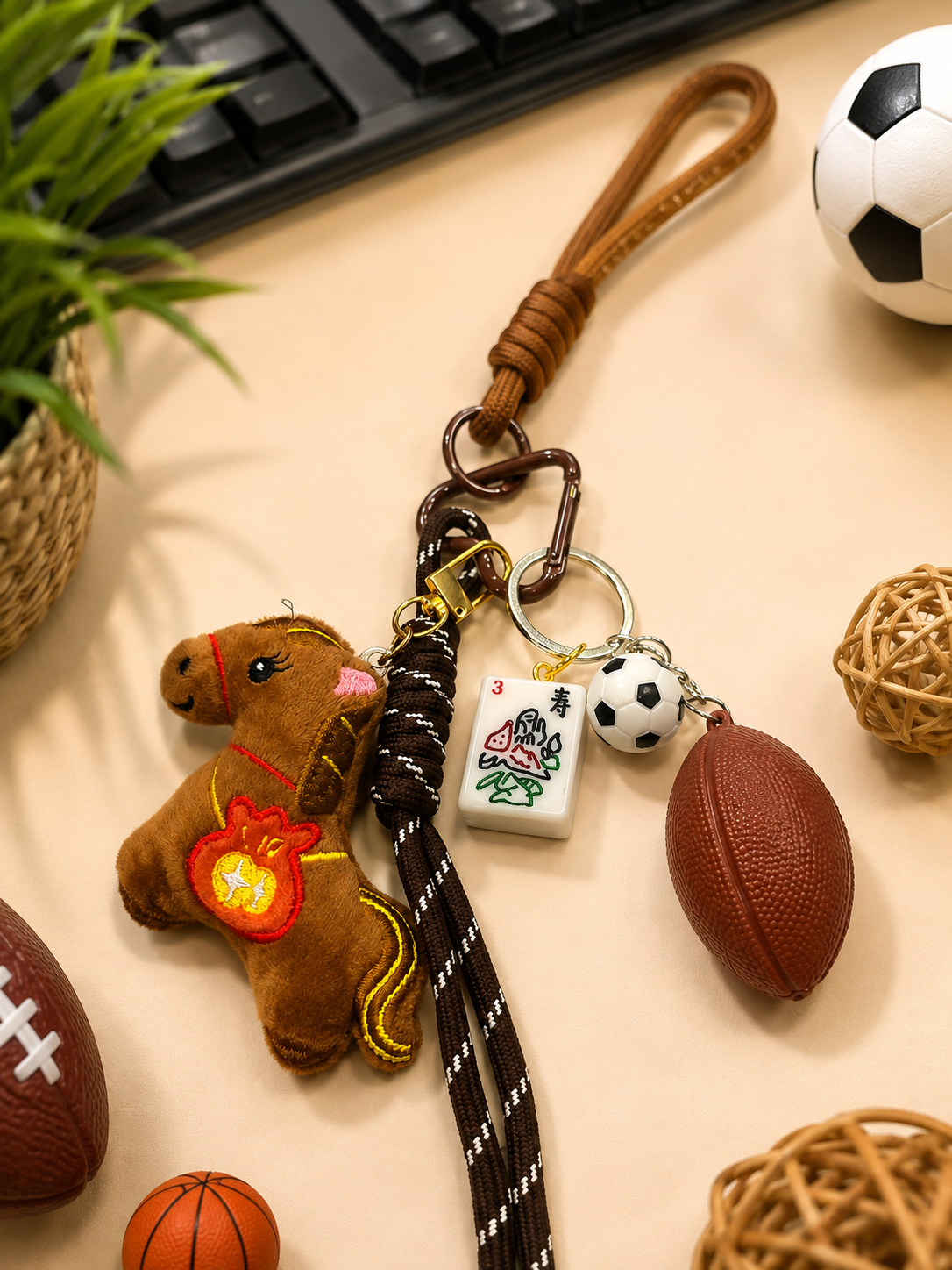 Premsons® Sports & Plush Charm Keychain – Decorative Key Ring with Football, Soccer Ball & Cute Plush Charms