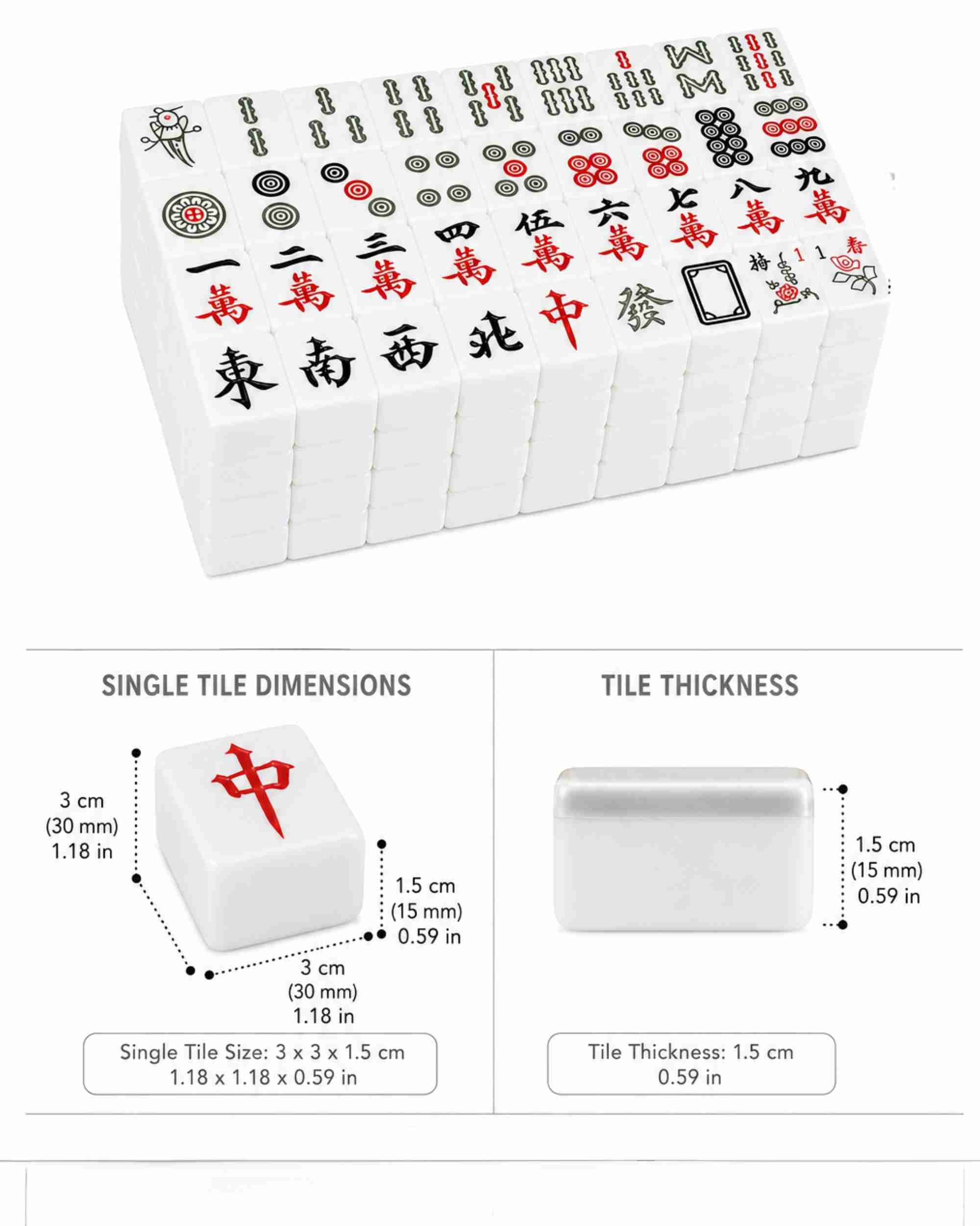 White mahjong tiles with printed symbols and English numerals, shown with size details