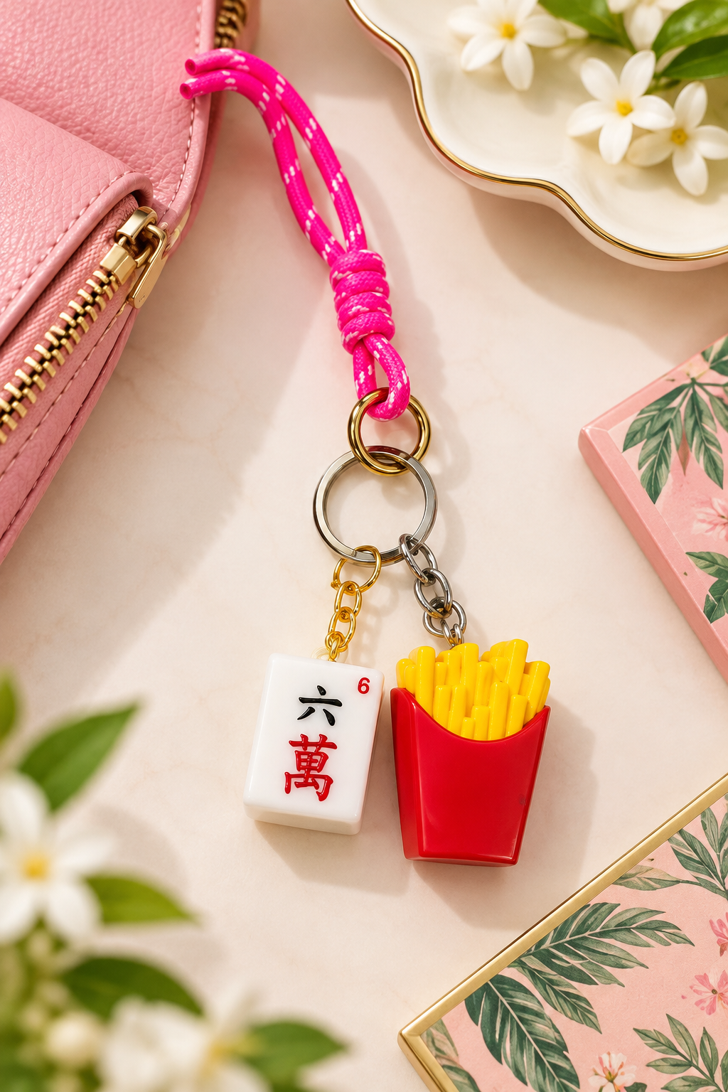 Colorful mahjong tile and fries keychain with pink braided strap, gold ring, white tile charm