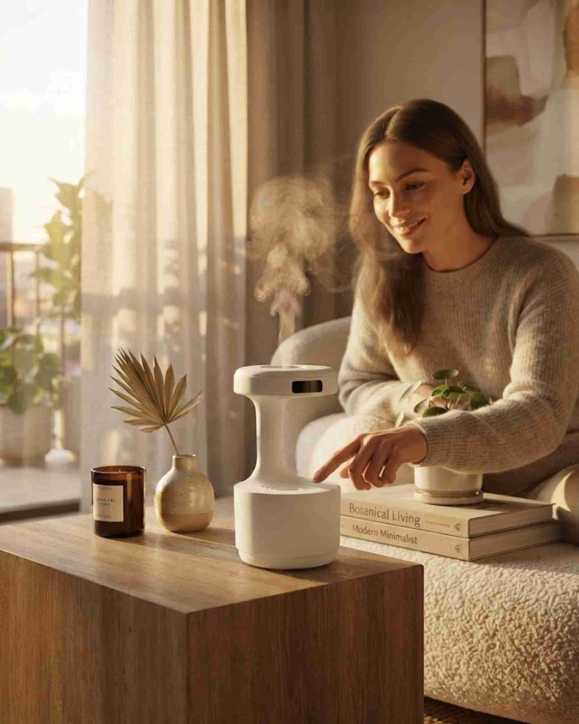 White waterfall aroma diffuser with LED window on wooden table