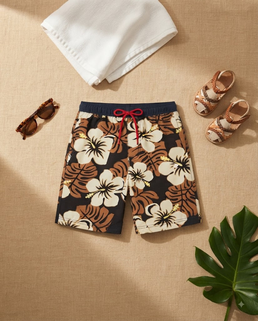 Premsons® Kids Boys Floral Printed Swim Shorts – Quick-Dry Beach & Swimming Trunks with Elastic Waist & Drawstring