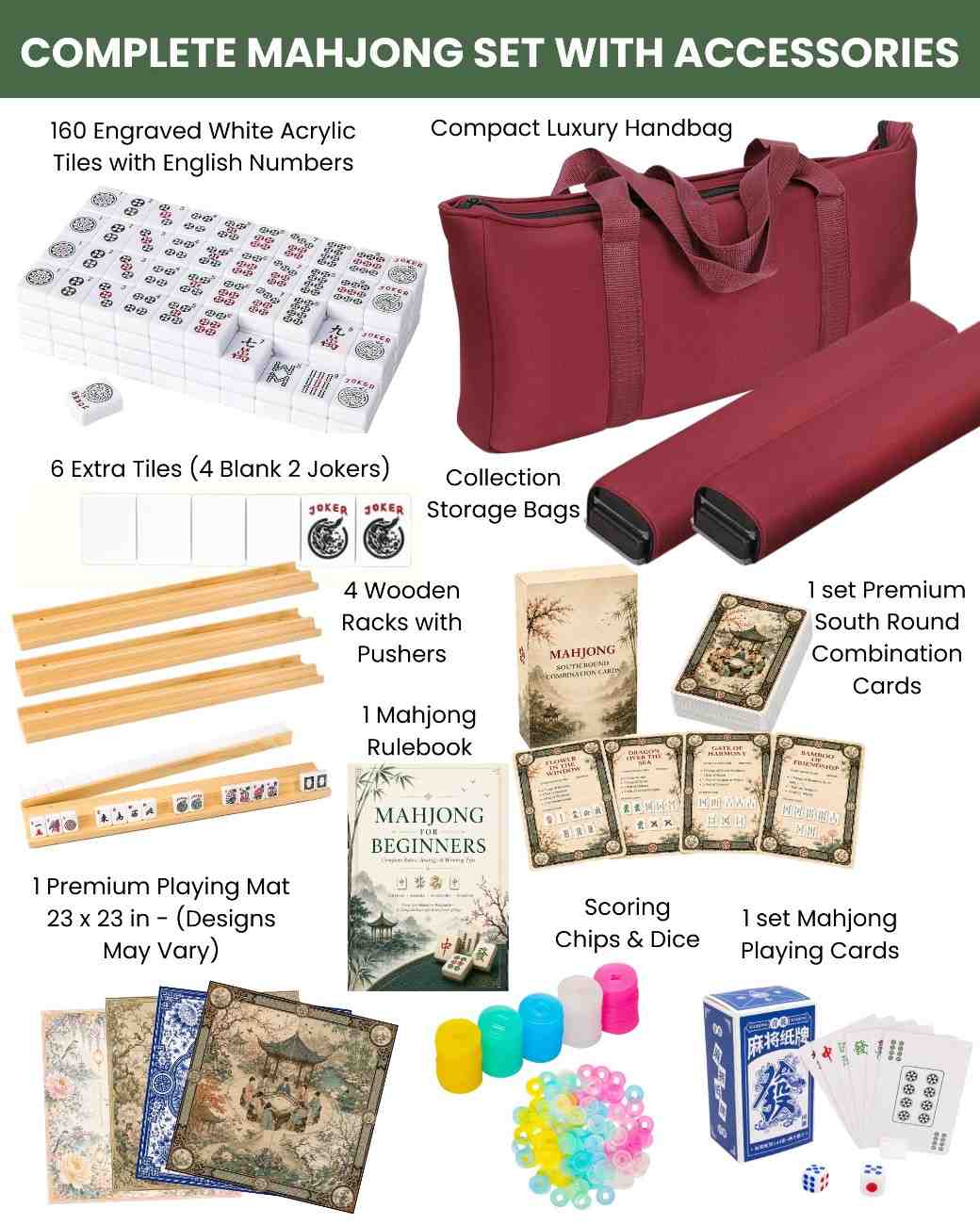 Premsons® America Mahjong Set – 166 Large Engraved Acrylic Tiles with English Numbers, 4 Wooden Racks  with Pushers, Travel Carry Bag, Mahjongg Mat, Playing Cards & Accessories - Complete Mah Jong Kit - White