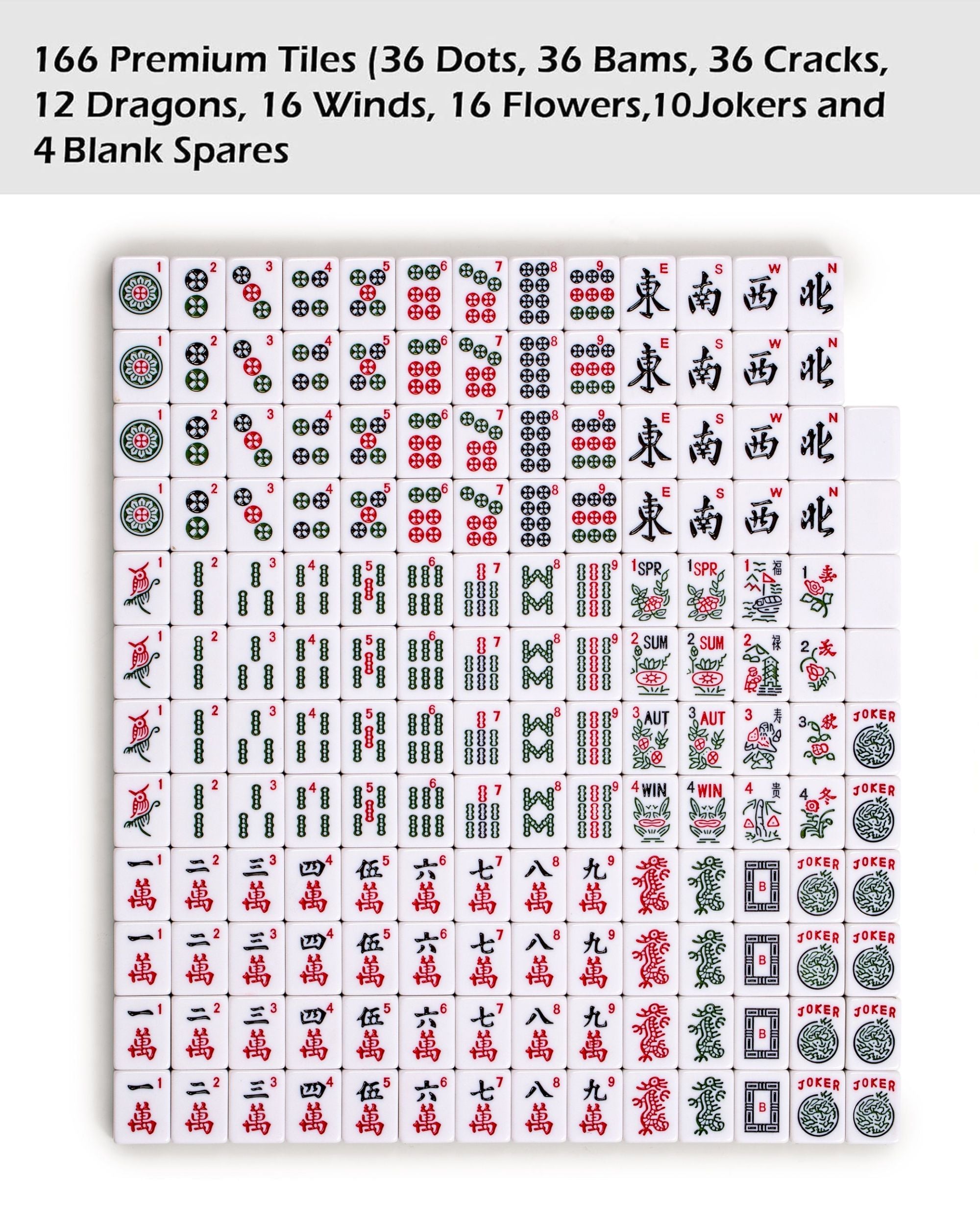 Premsons® Premium Mahjong Set – 166 Large Engraved Acrylic Tiles with English Numbers, 4 Acrylic Racks, Travel Carry Bag, Mahjongg Mat, Playing Cards & Accessories - Complete Mah Jong Kit - White
