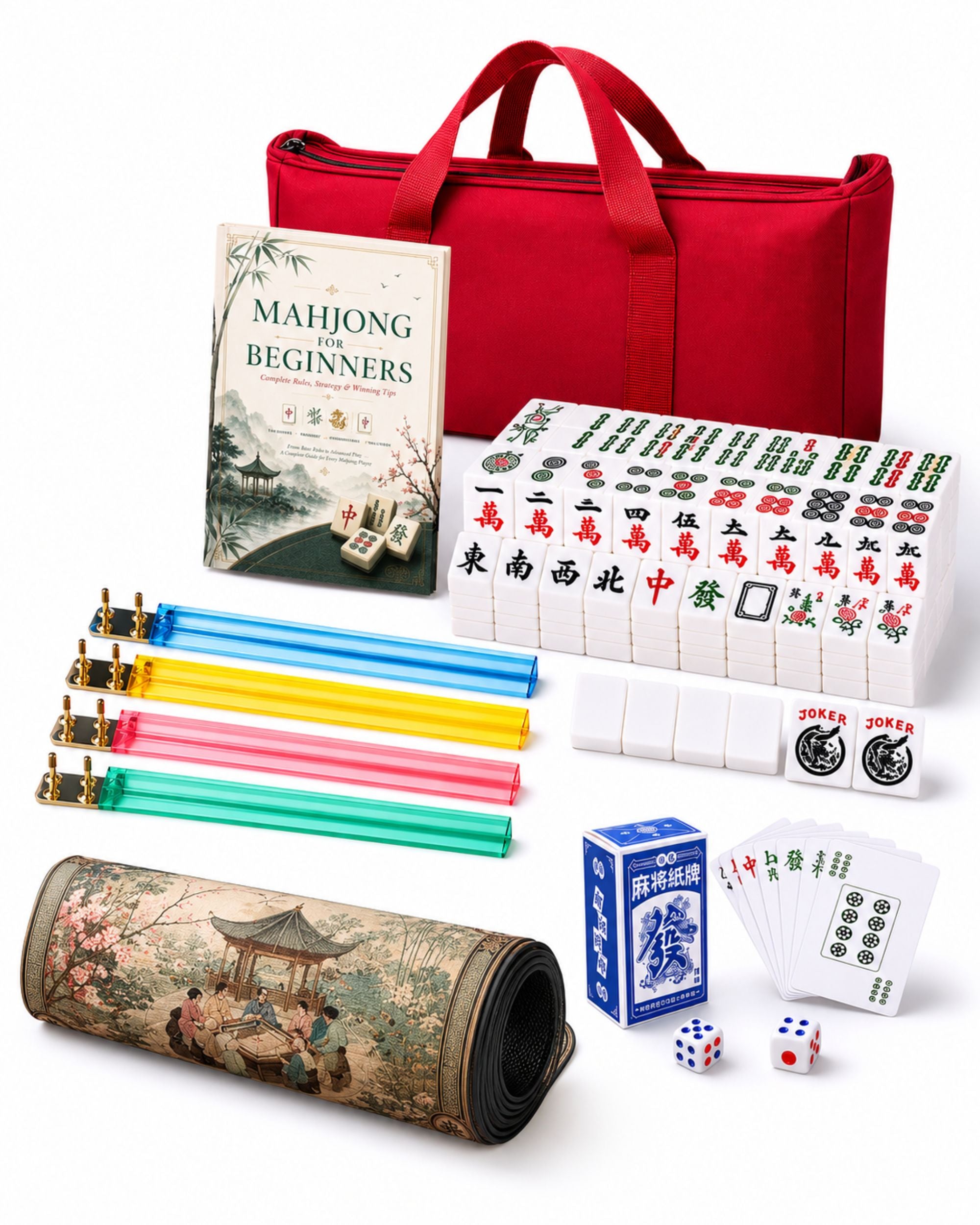 Premsons® Premium Mahjong Set – 166 Large Engraved Acrylic Tiles with English Numbers, 4 Acrylic Racks, Travel Carry Bag, Mahjongg Mat, Playing Cards & Accessories - Complete Mah Jong Kit - White